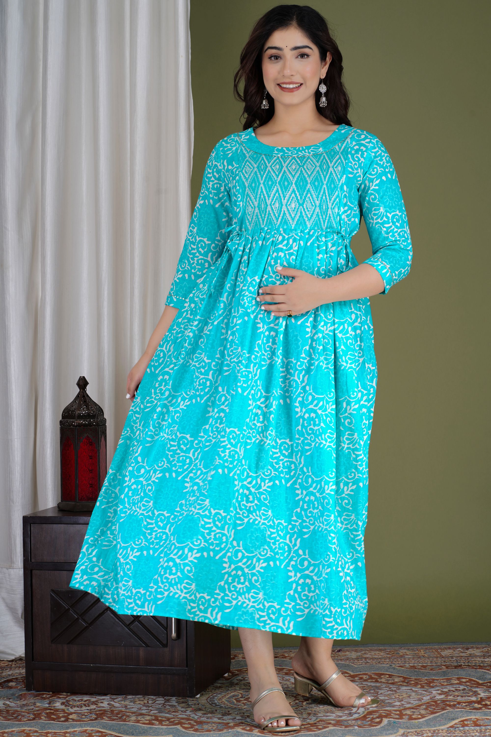 Aqua Blue Printed Pure Rayon Mateniry And Feeding Kurta