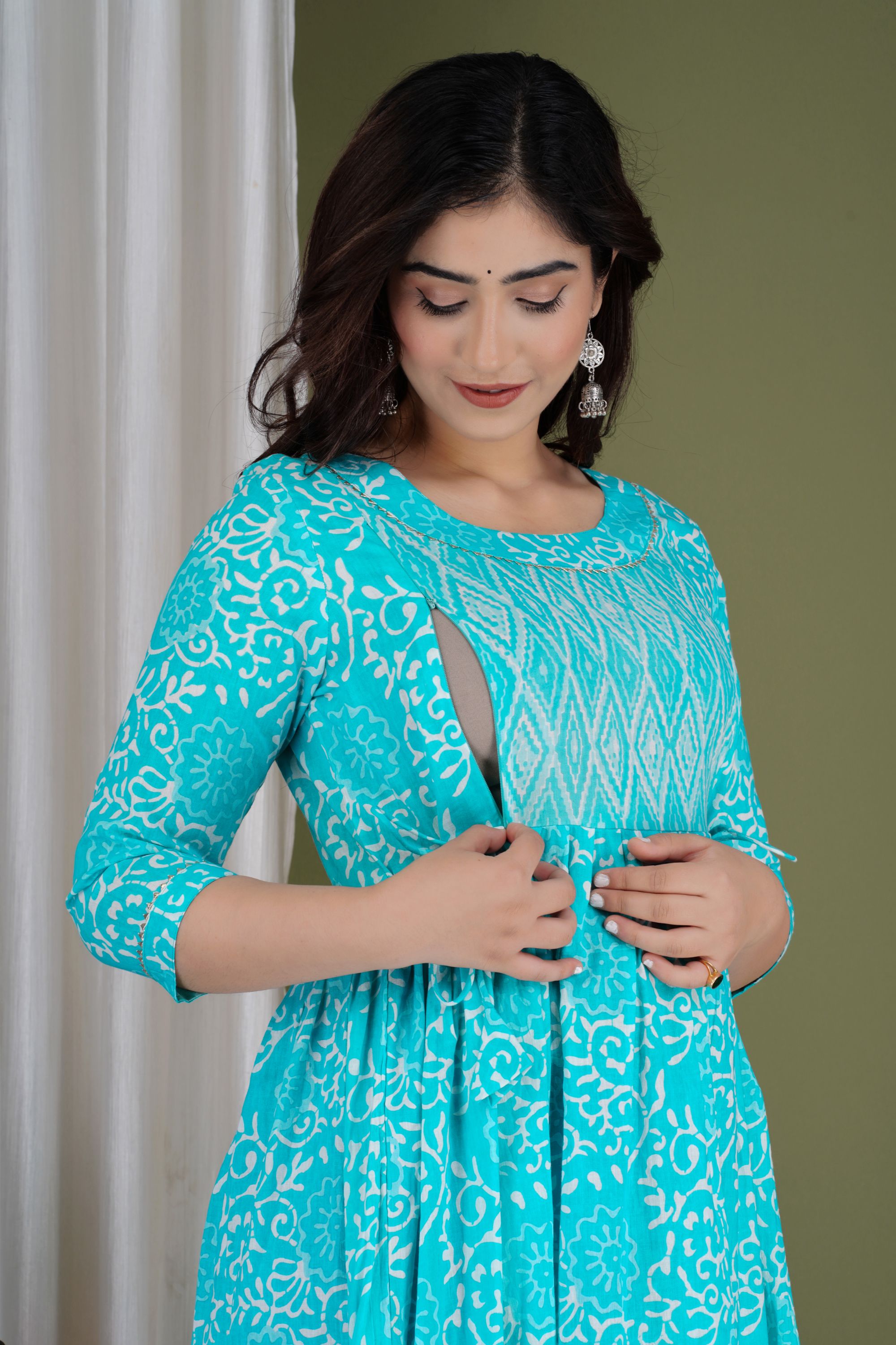 Aqua Blue Printed Pure Rayon Mateniry And Feeding Kurta