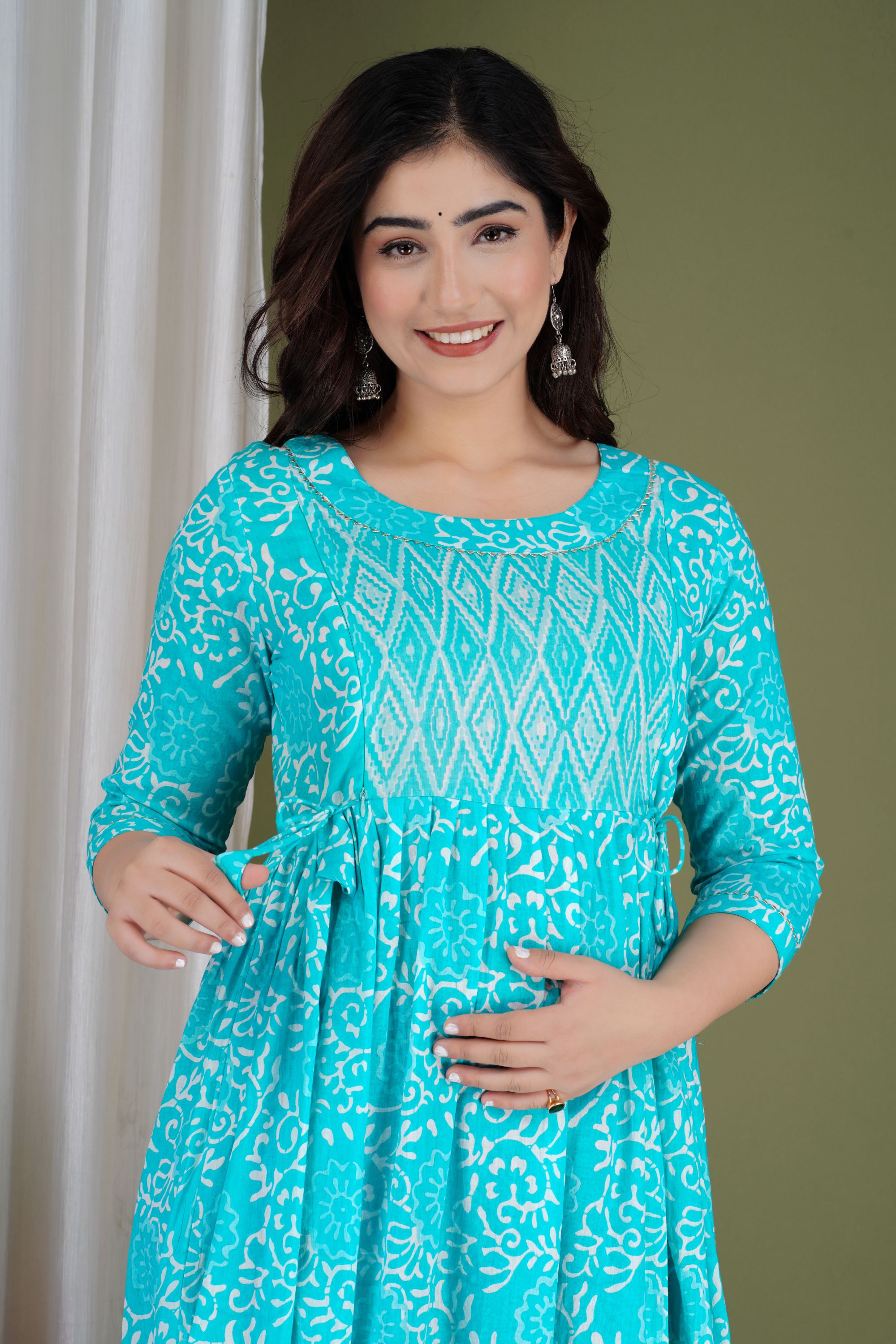 Aqua Blue Printed Pure Rayon Mateniry And Feeding Kurta