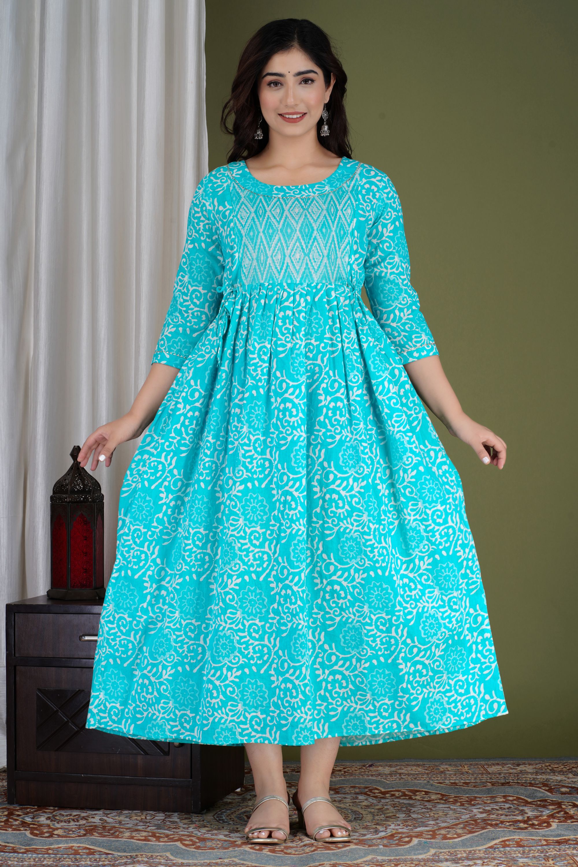 Aqua Blue Printed Pure Rayon Mateniry And Feeding Kurta