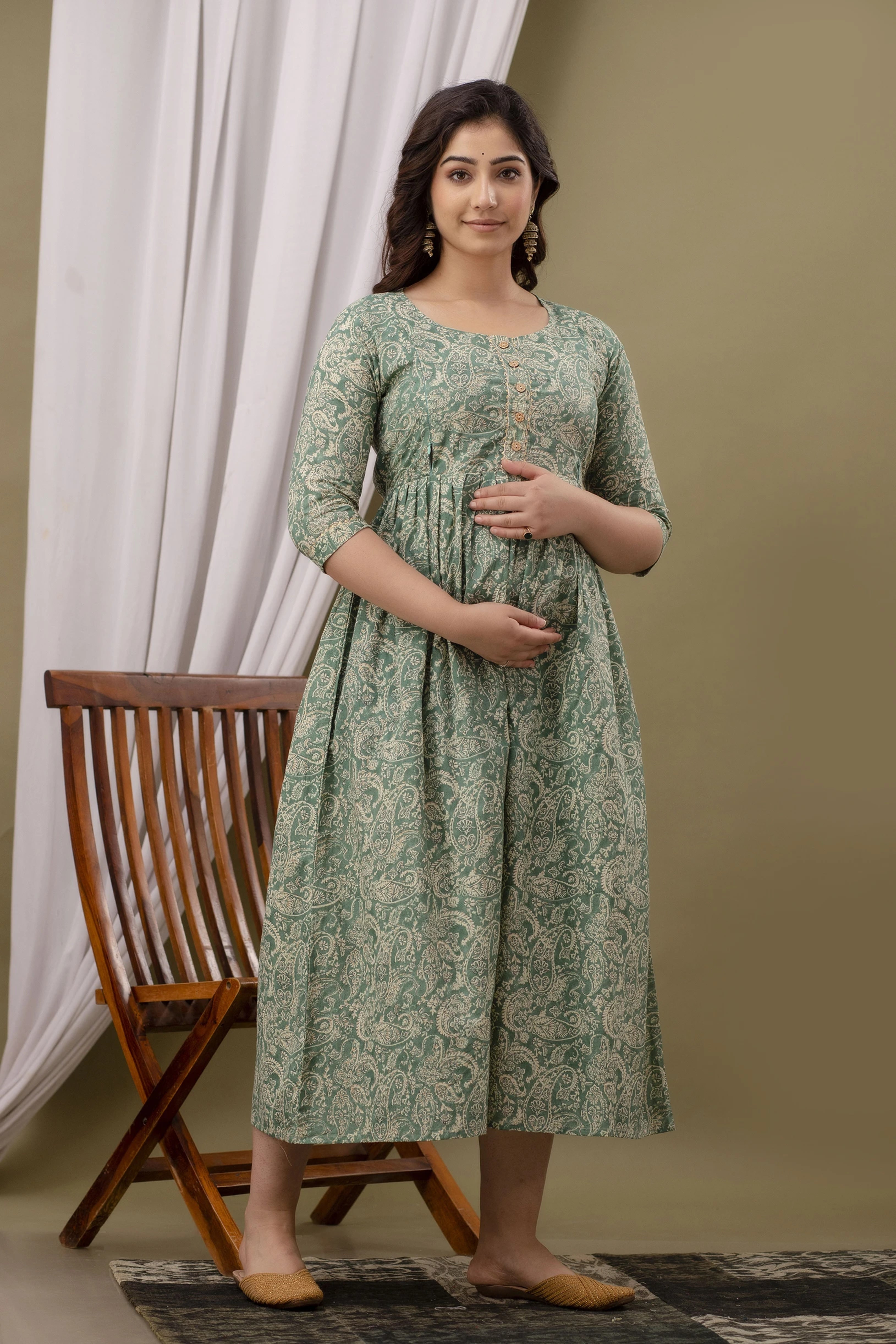 Beige Printed Pure Rayon Cotton Mateniry And Feeding Kurta