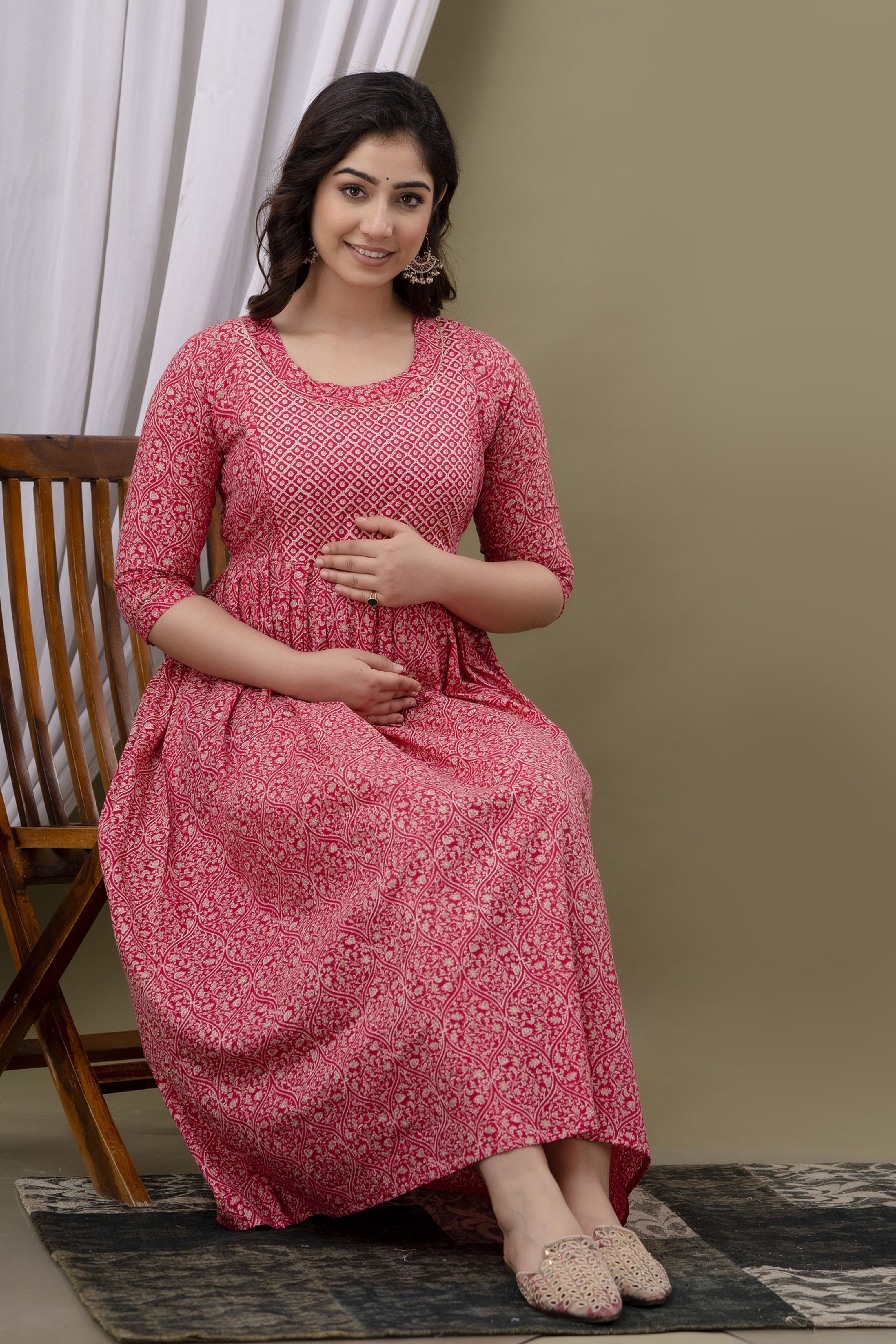 Beige Printed Pure Rayon Cotton Mateniry And Feeding Kurta