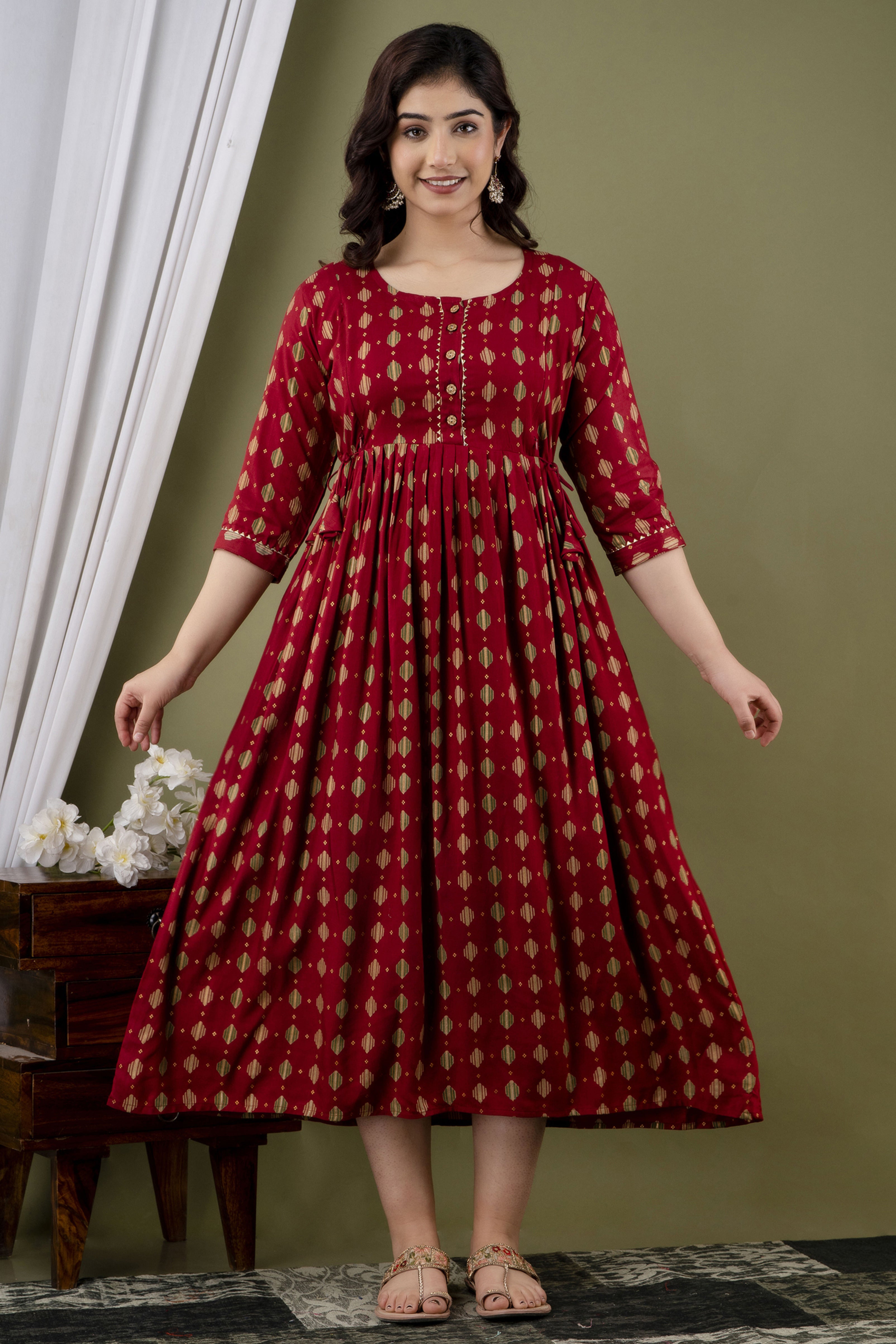 Beige Printed Pure Rayon Cotton Mateniry And Feeding Kurta