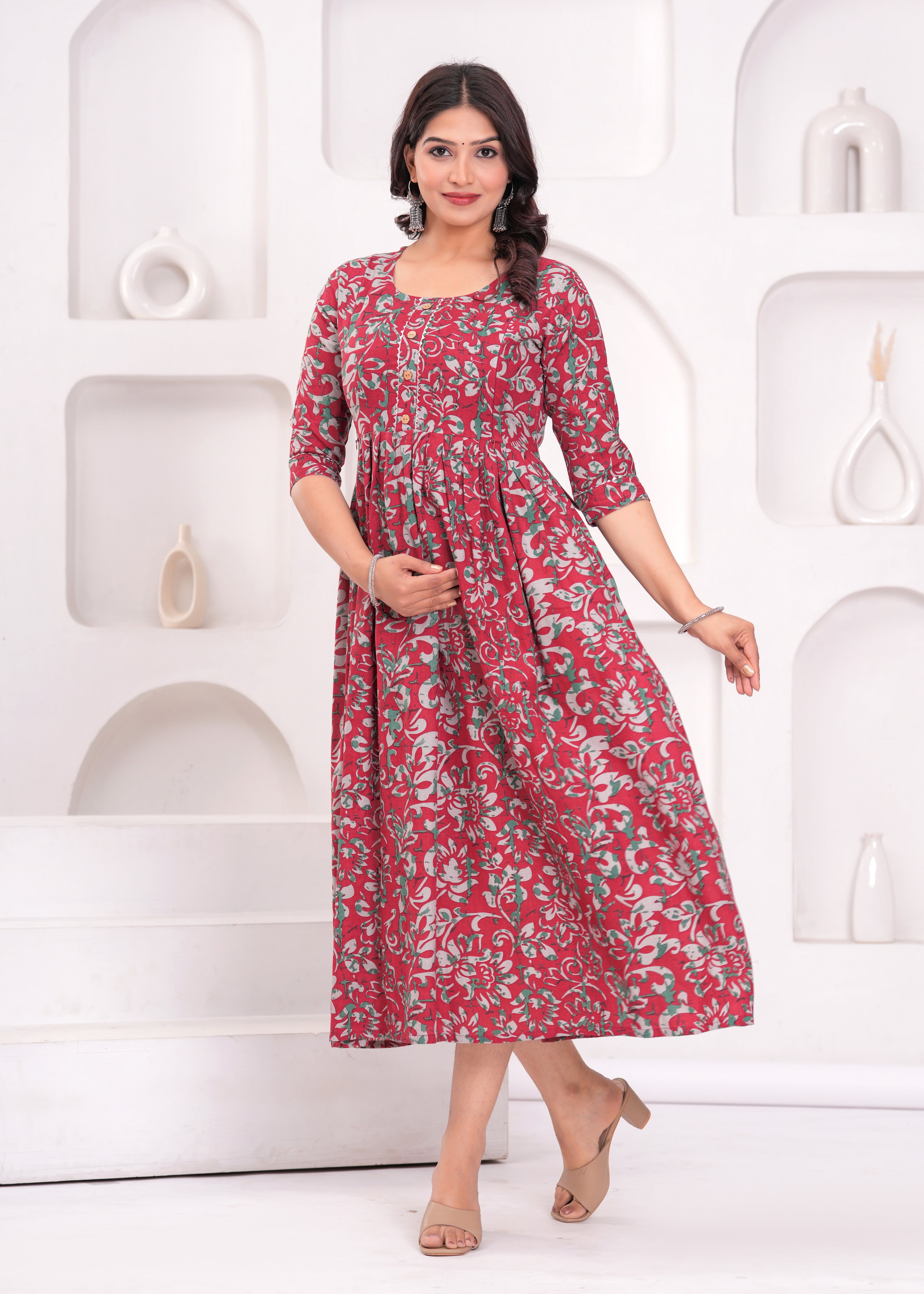 Beige Printed Pure Rayon Cotton Mateniry And Feeding Kurta