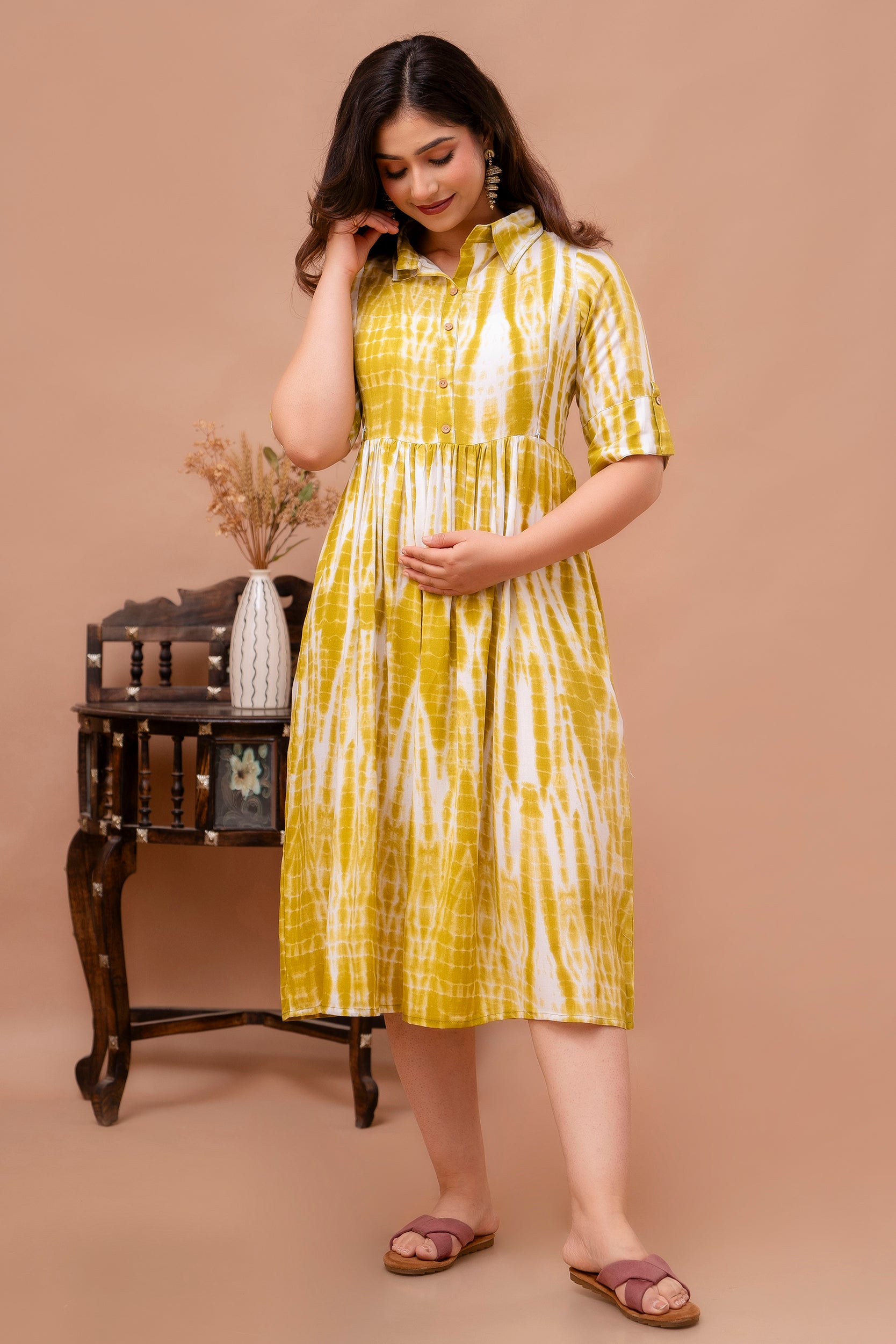 Beige Printed Pure Rayon Cotton Collar Maternity And Feeding Kurta