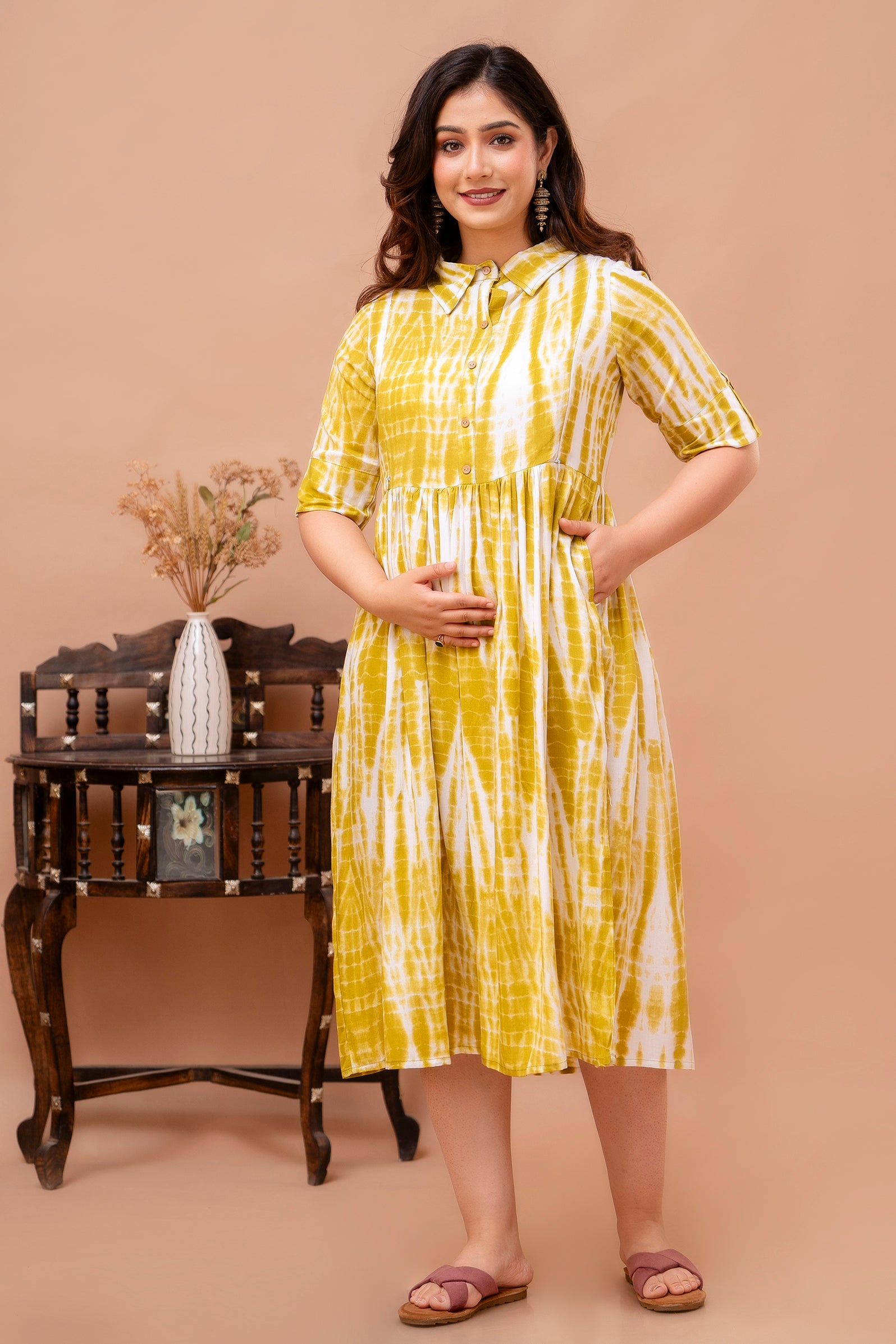 Beige Printed Pure Rayon Cotton Collar Maternity And Feeding Kurta
