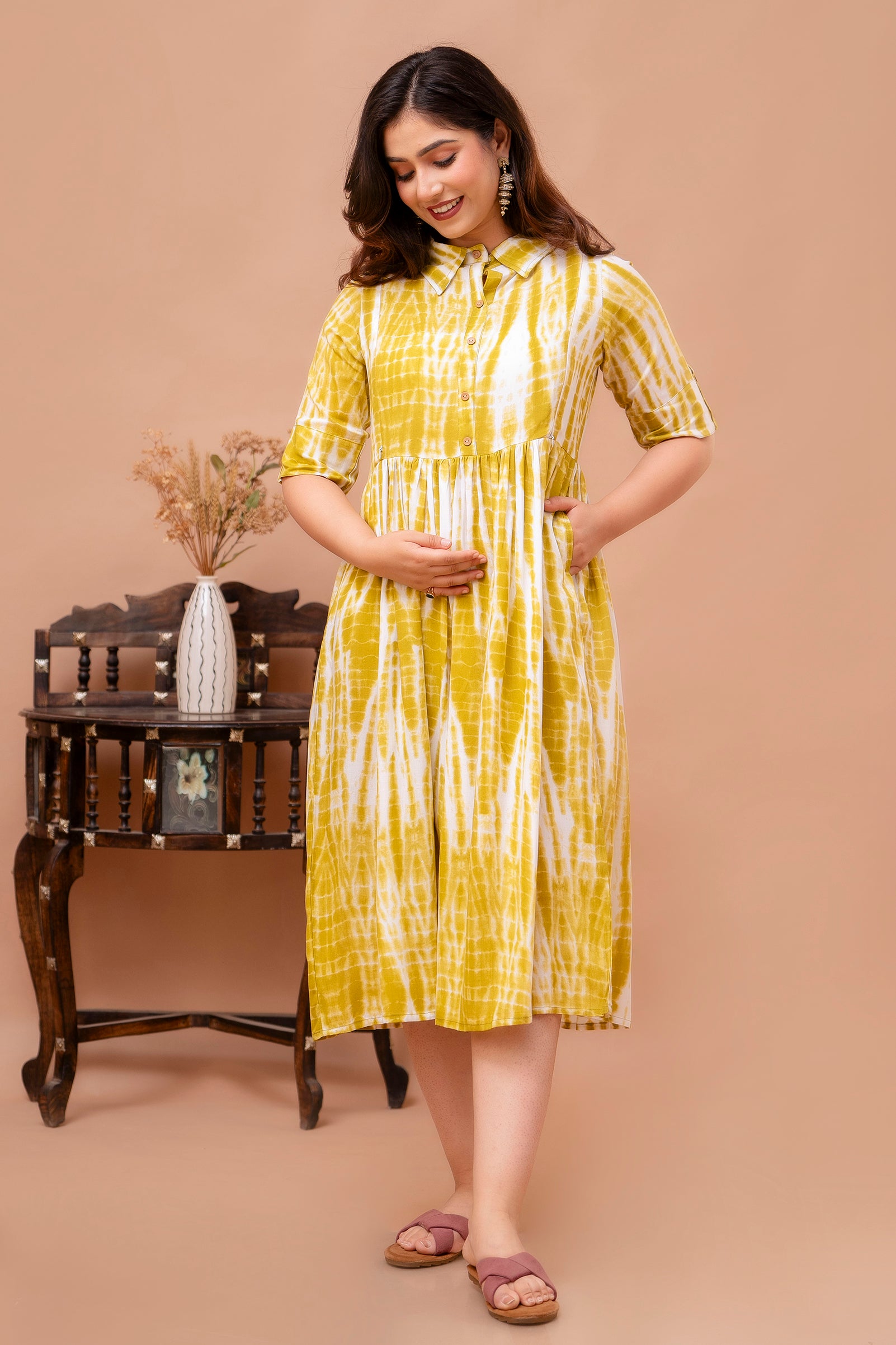 Beige Printed Pure Rayon Cotton Collar Maternity And Feeding Kurta
