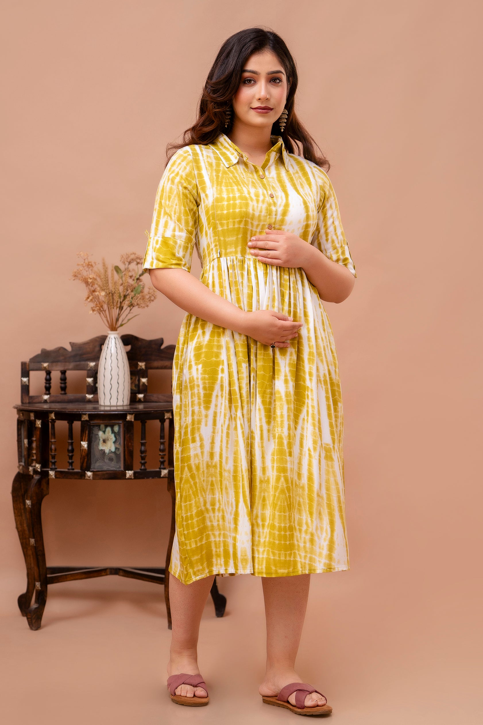 Beige Printed Pure Rayon Cotton Collar Maternity And Feeding Kurta