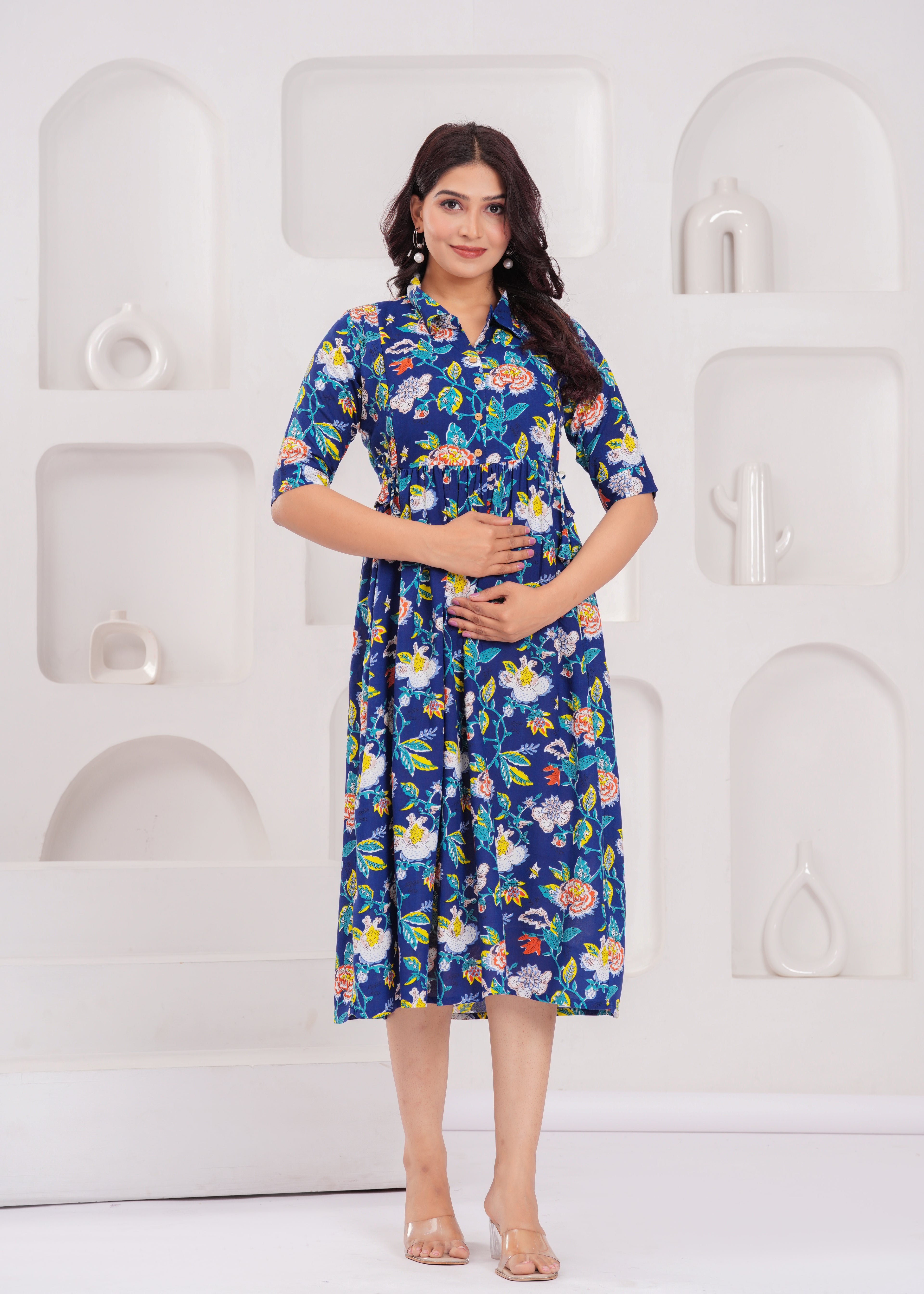 Beige Printed Pure Rayon Cotton Collar Maternity And Feeding Kurta