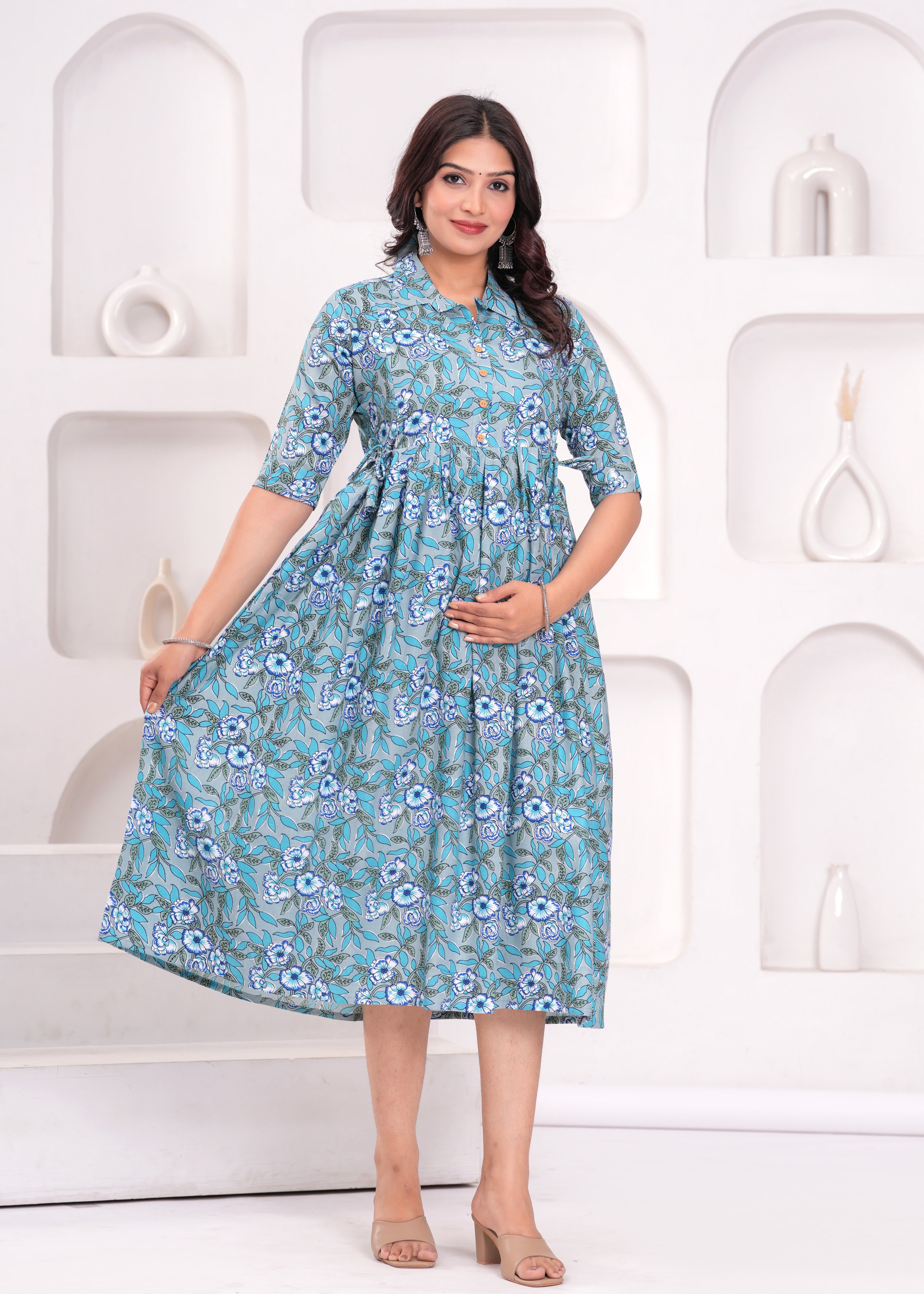 Beige Printed Pure Rayon Cotton Collar Maternity And Feeding Kurta