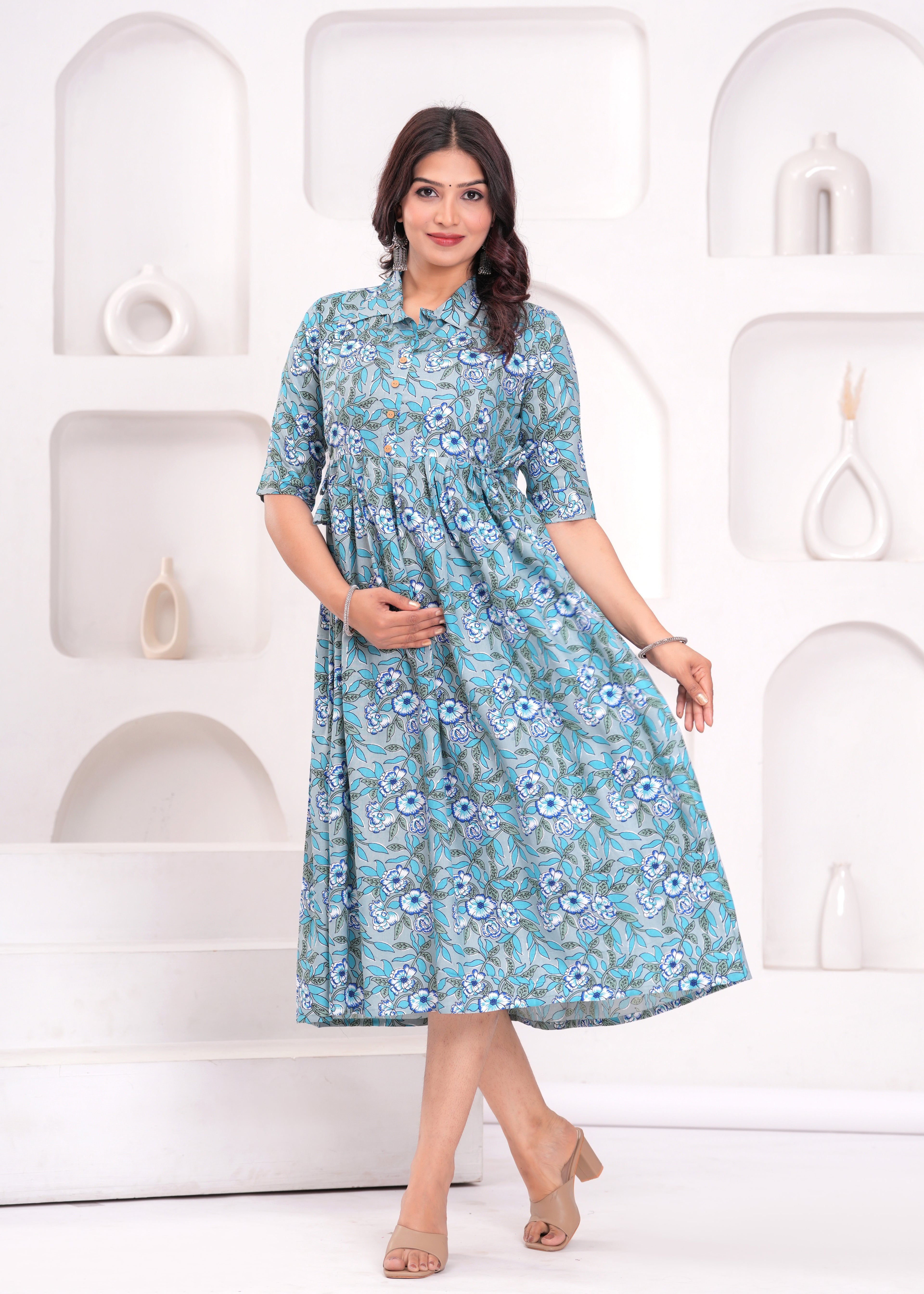 Beige Printed Pure Rayon Cotton Collar Maternity And Feeding Kurta