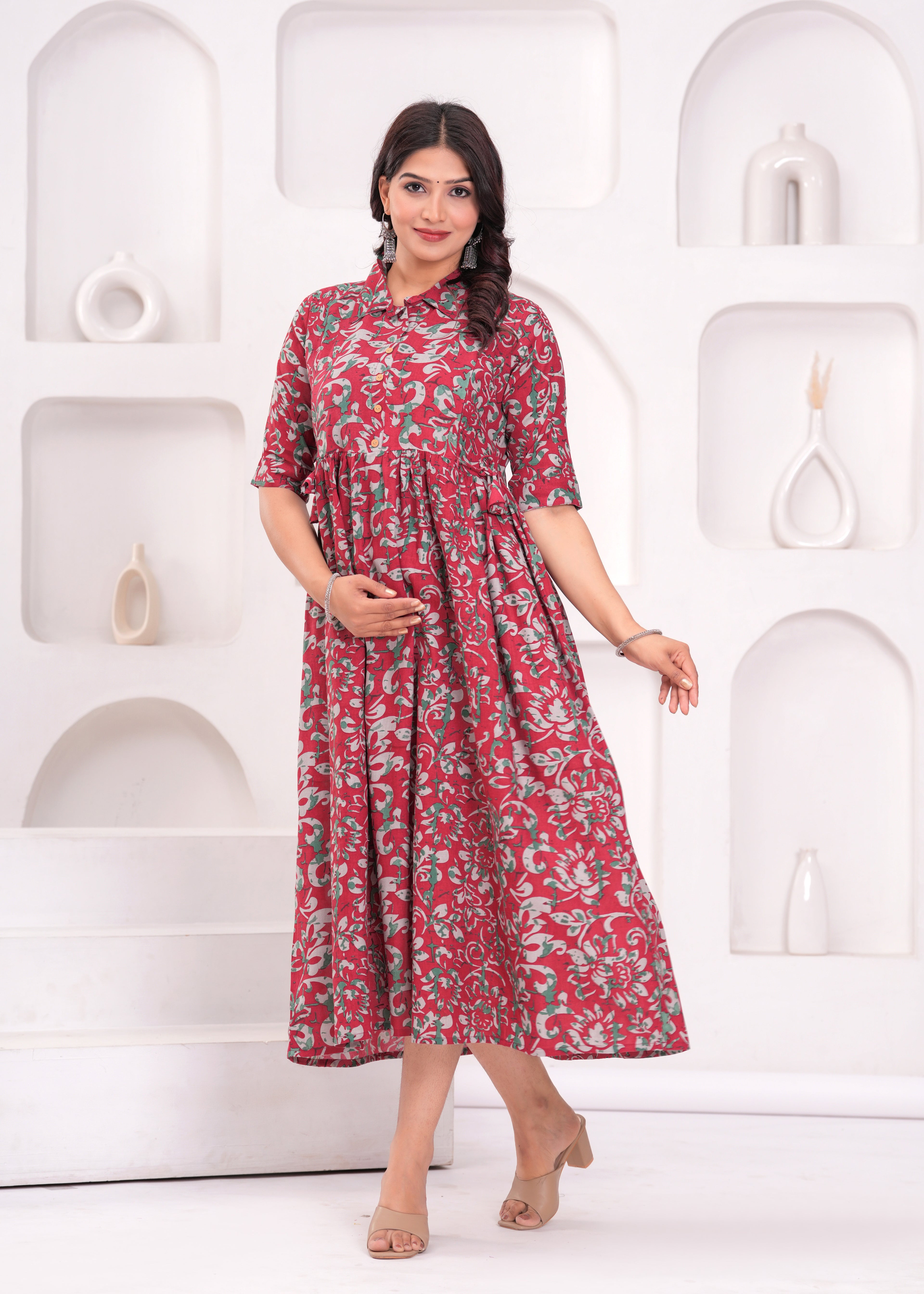 Beige Printed Pure Rayon Cotton Collar Maternity And Feeding Kurta