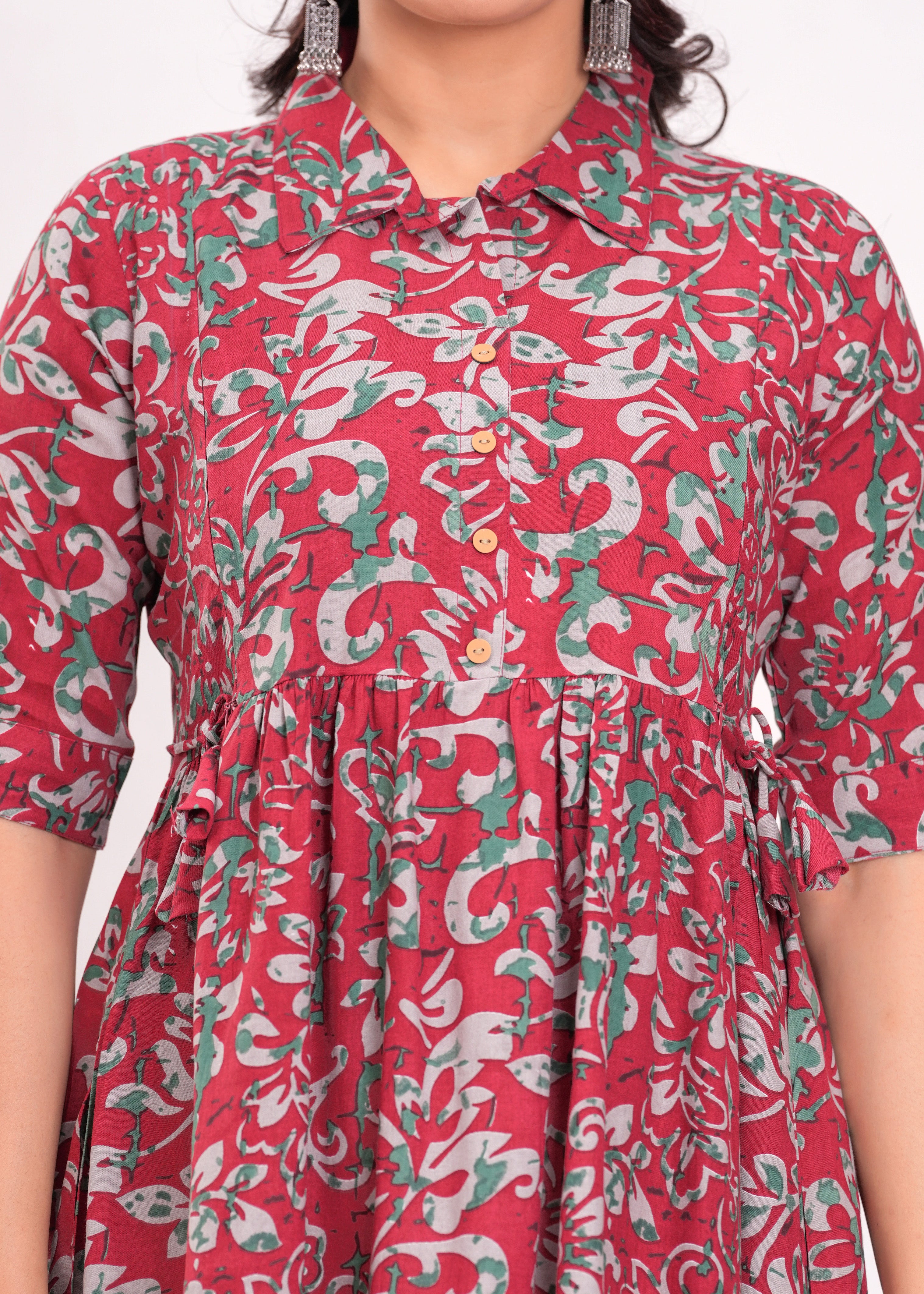Beige Printed Pure Rayon Cotton Collar Maternity And Feeding Kurta