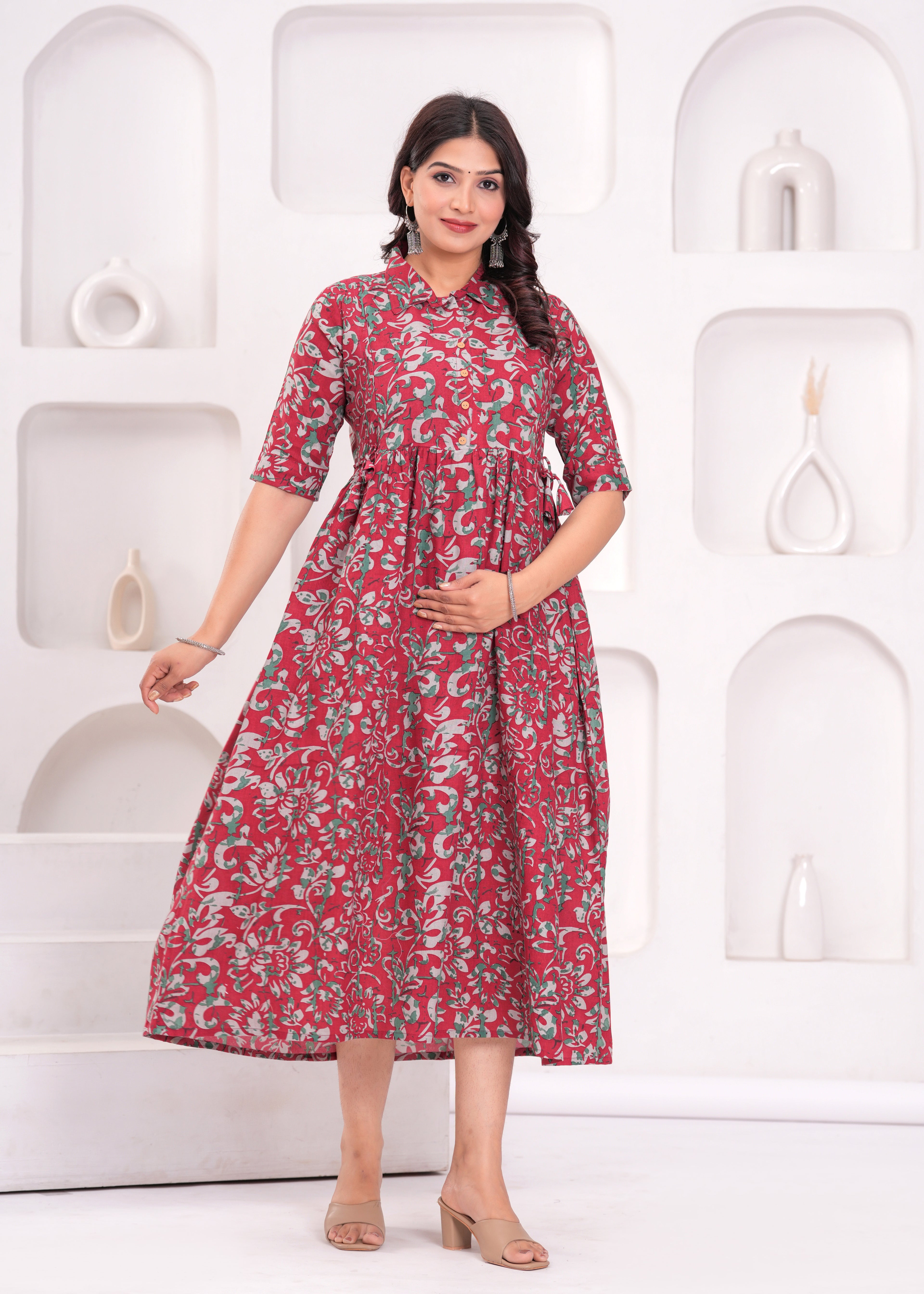 Beige Printed Pure Rayon Cotton Collar Maternity And Feeding Kurta