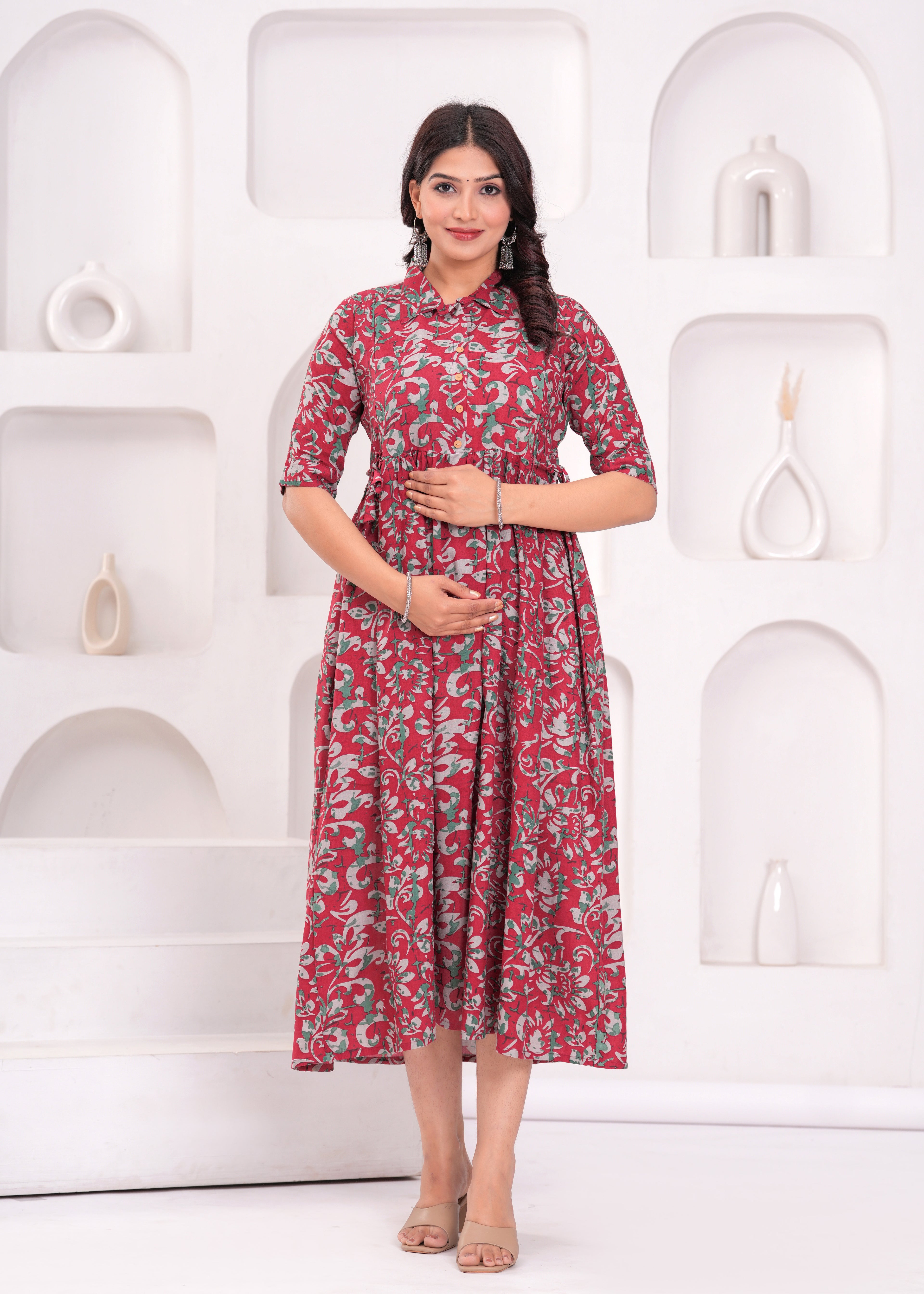 Beige Printed Pure Rayon Cotton Collar Maternity And Feeding Kurta