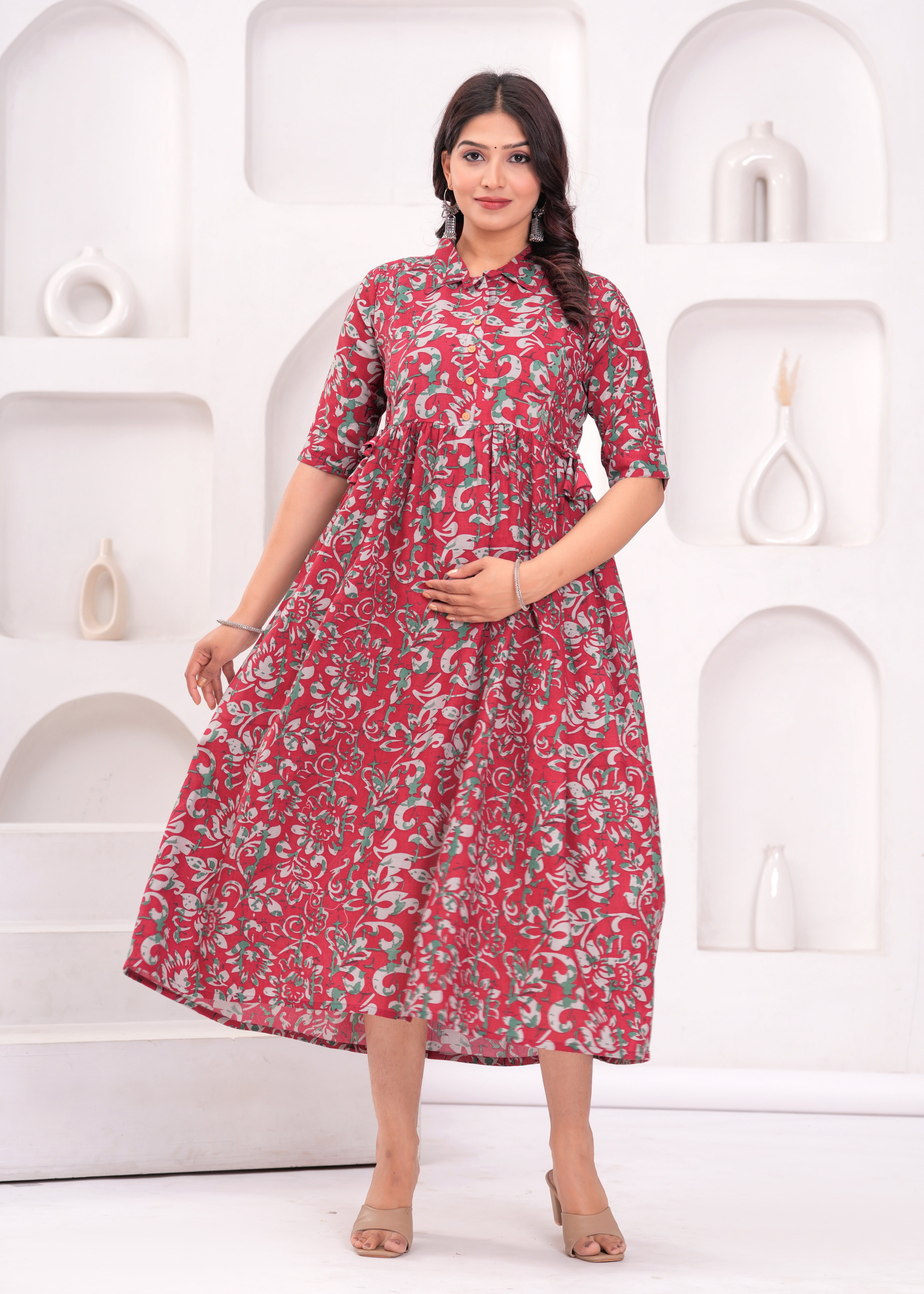 Beige Printed Pure Rayon Cotton Collar Maternity And Feeding Kurta