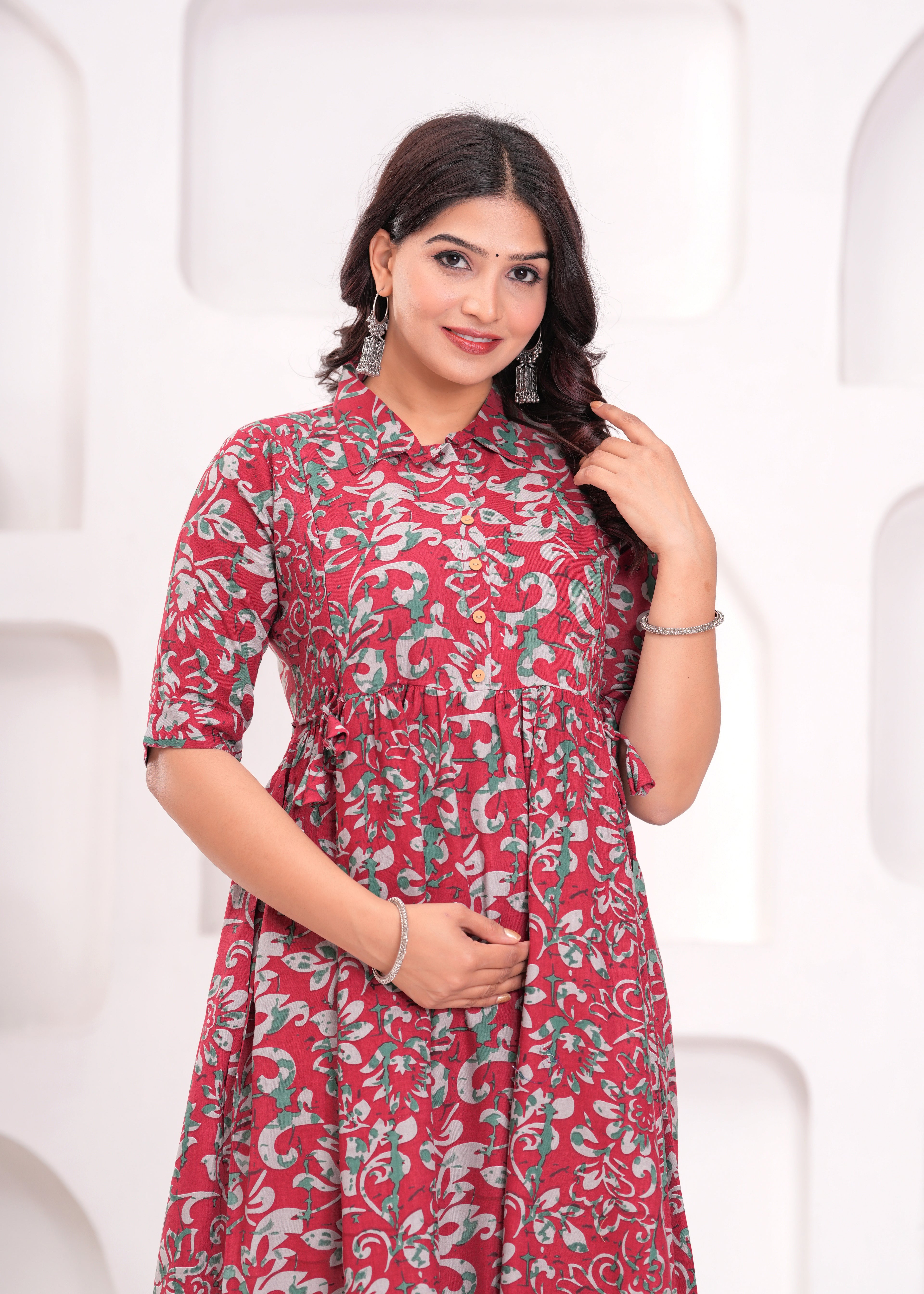 Beige Printed Pure Rayon Cotton Collar Maternity And Feeding Kurta