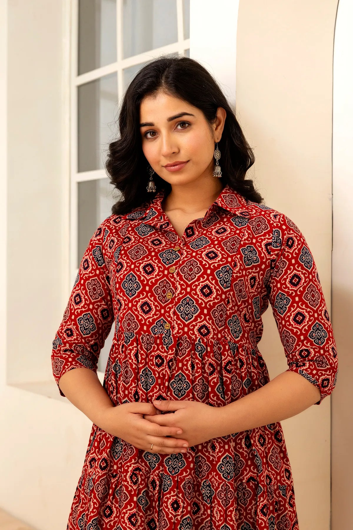 Beige Printed Pure Rayon Cotton Collar Maternity And Feeding Kurta
