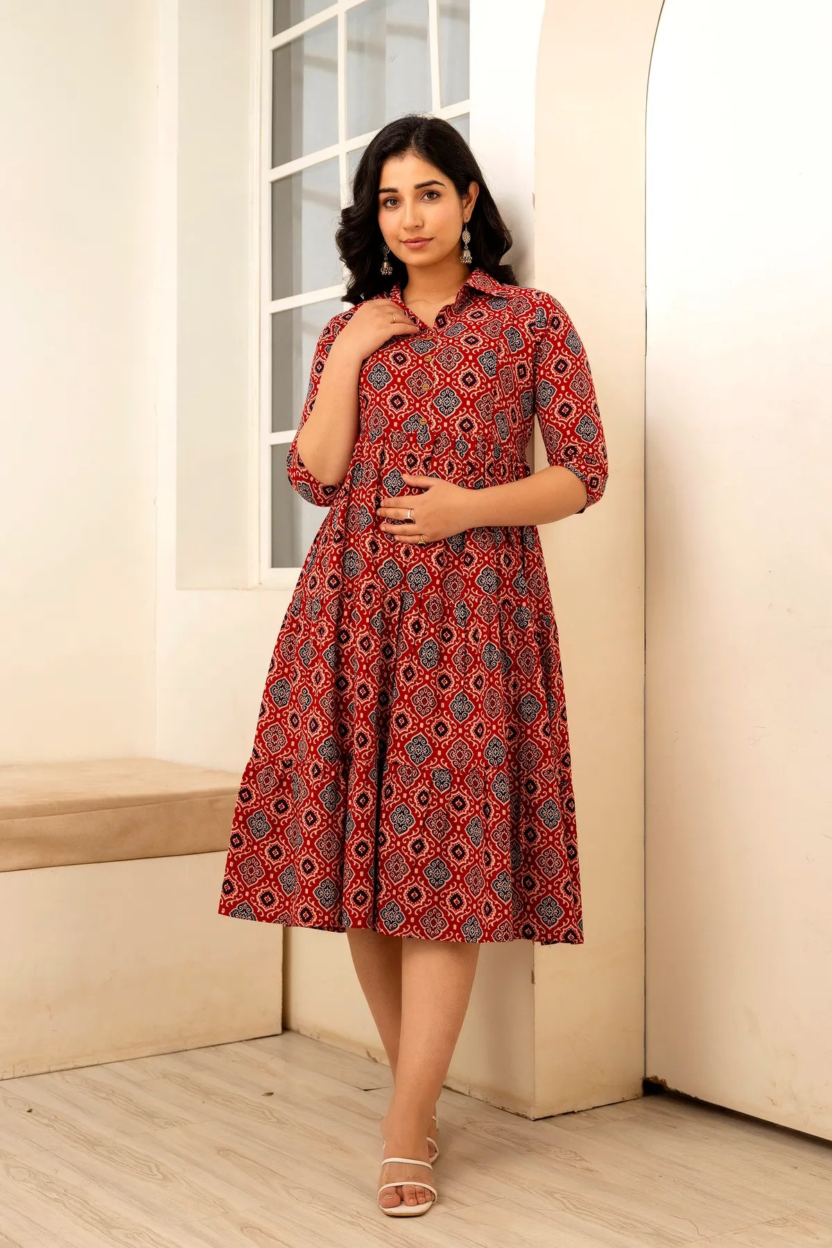 Beige Printed Pure Rayon Cotton Collar Maternity And Feeding Kurta