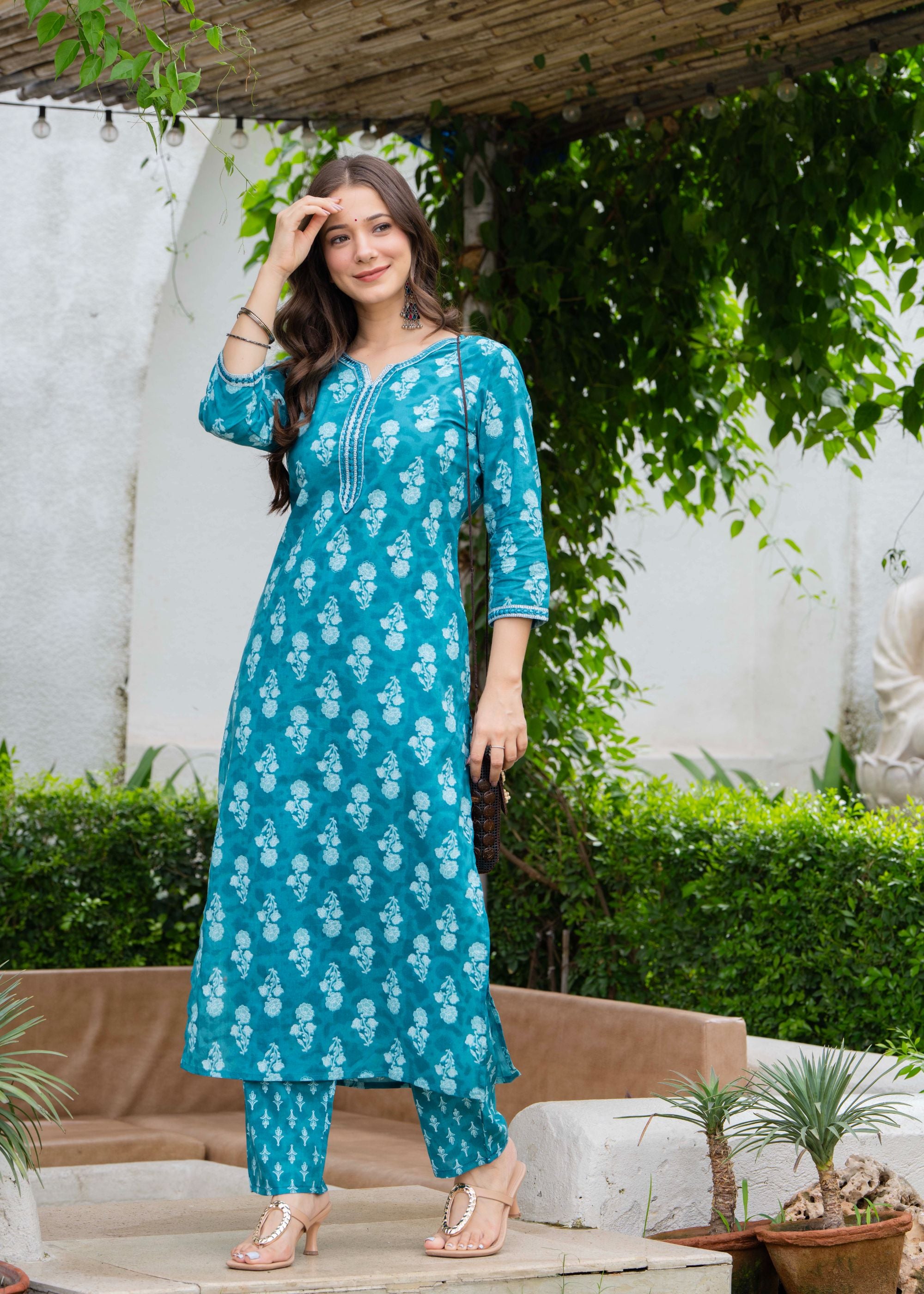 Aqua Blue Ethnic Printed Round Neck Pure Cotton Kurta with Pant
