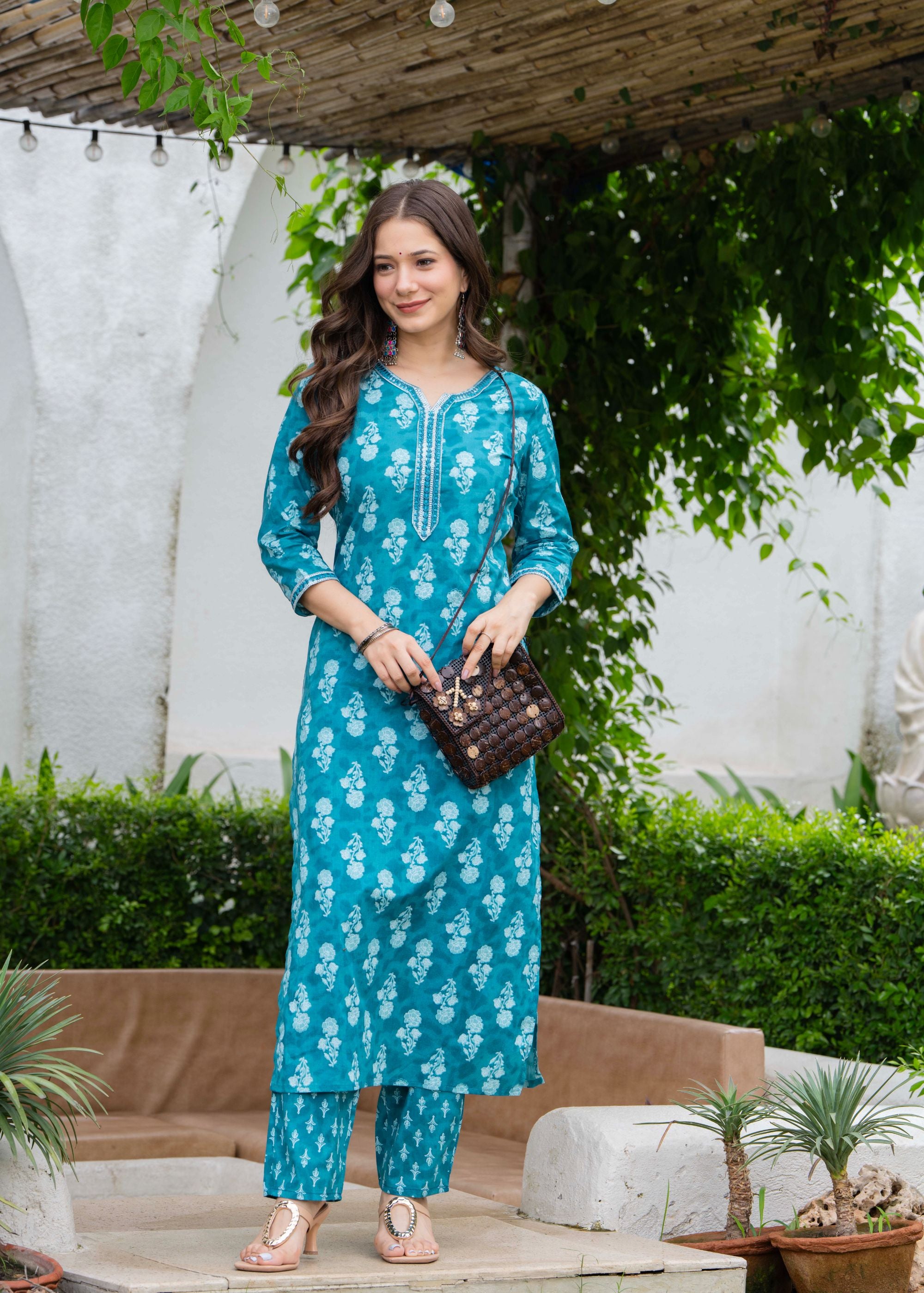 Aqua Blue Ethnic Printed Round Neck Pure Cotton Kurta with Pant