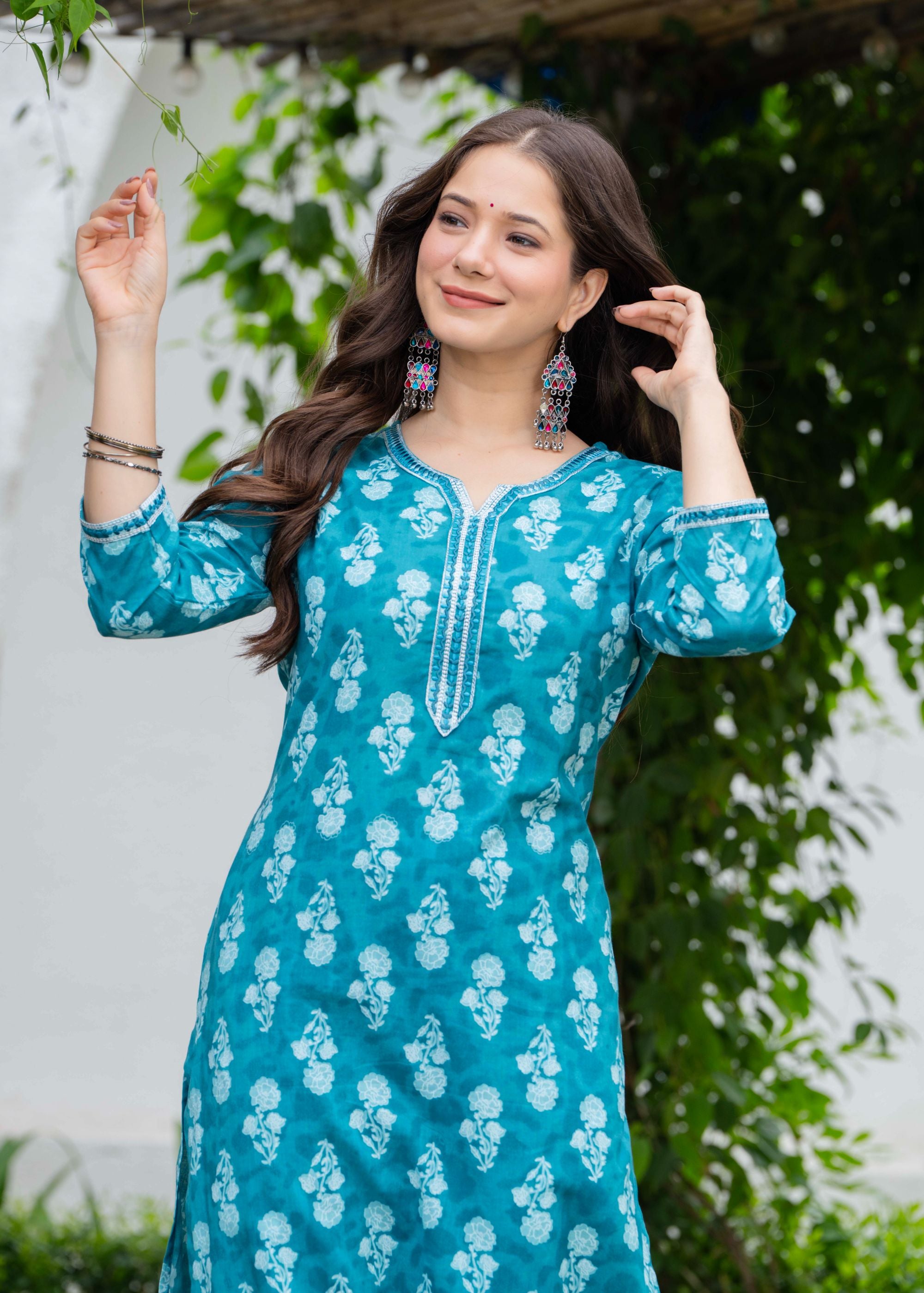 Aqua Blue Ethnic Printed Round Neck Pure Cotton Kurta with Pant