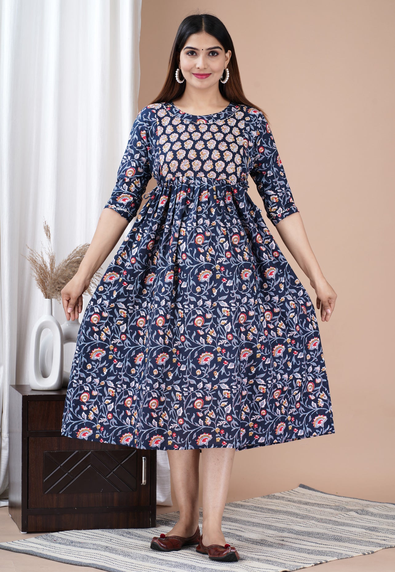 Blue Printed Pure Rayon Maternity and Feeding Kurta