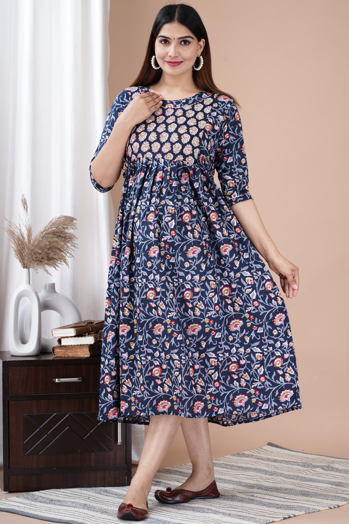 Blue Printed Pure Rayon Maternity and Feeding Kurta