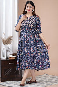 Blue Printed Pure Rayon Maternity and Feeding Kurta
