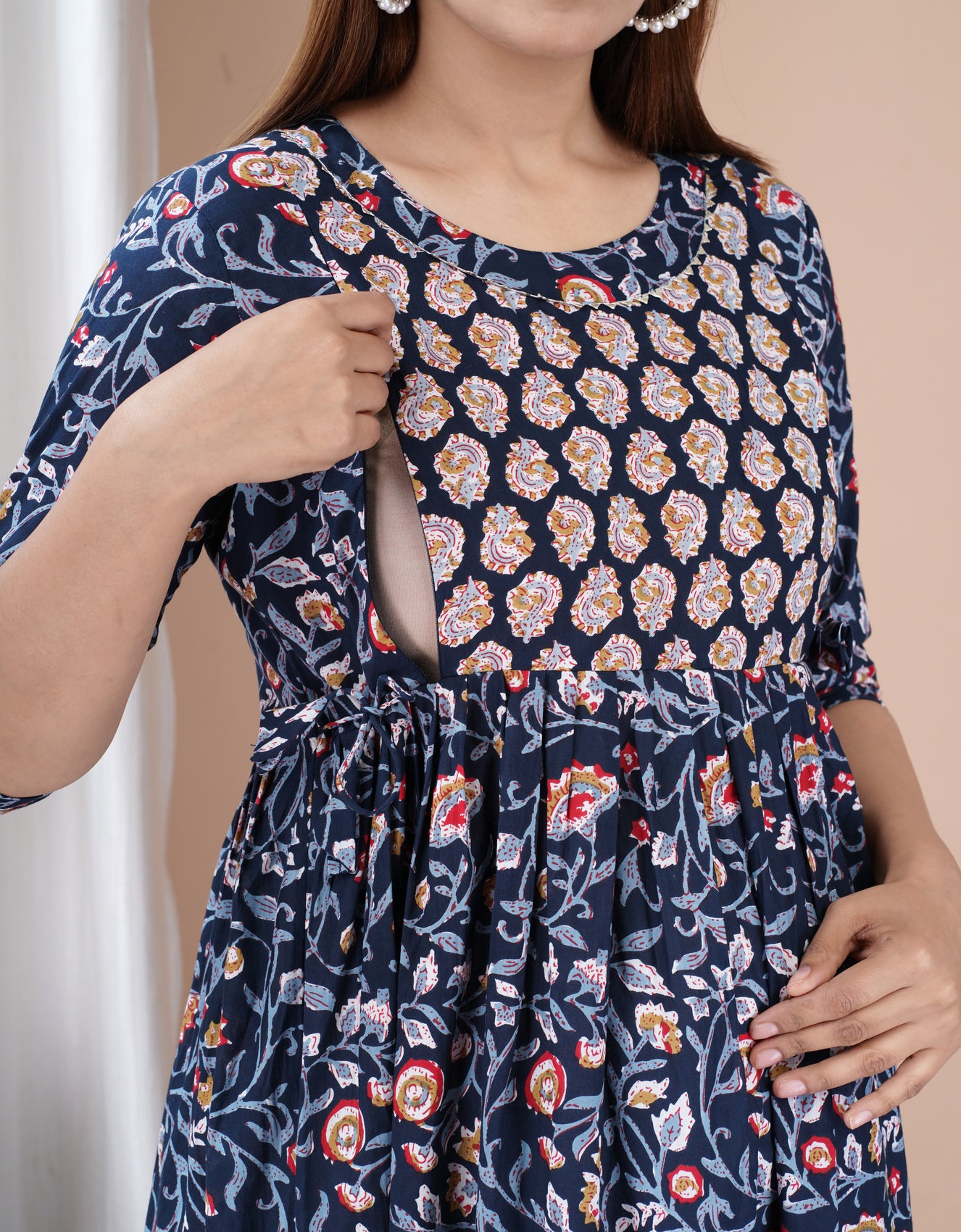 Blue Printed Pure Rayon Maternity and Feeding Kurta
