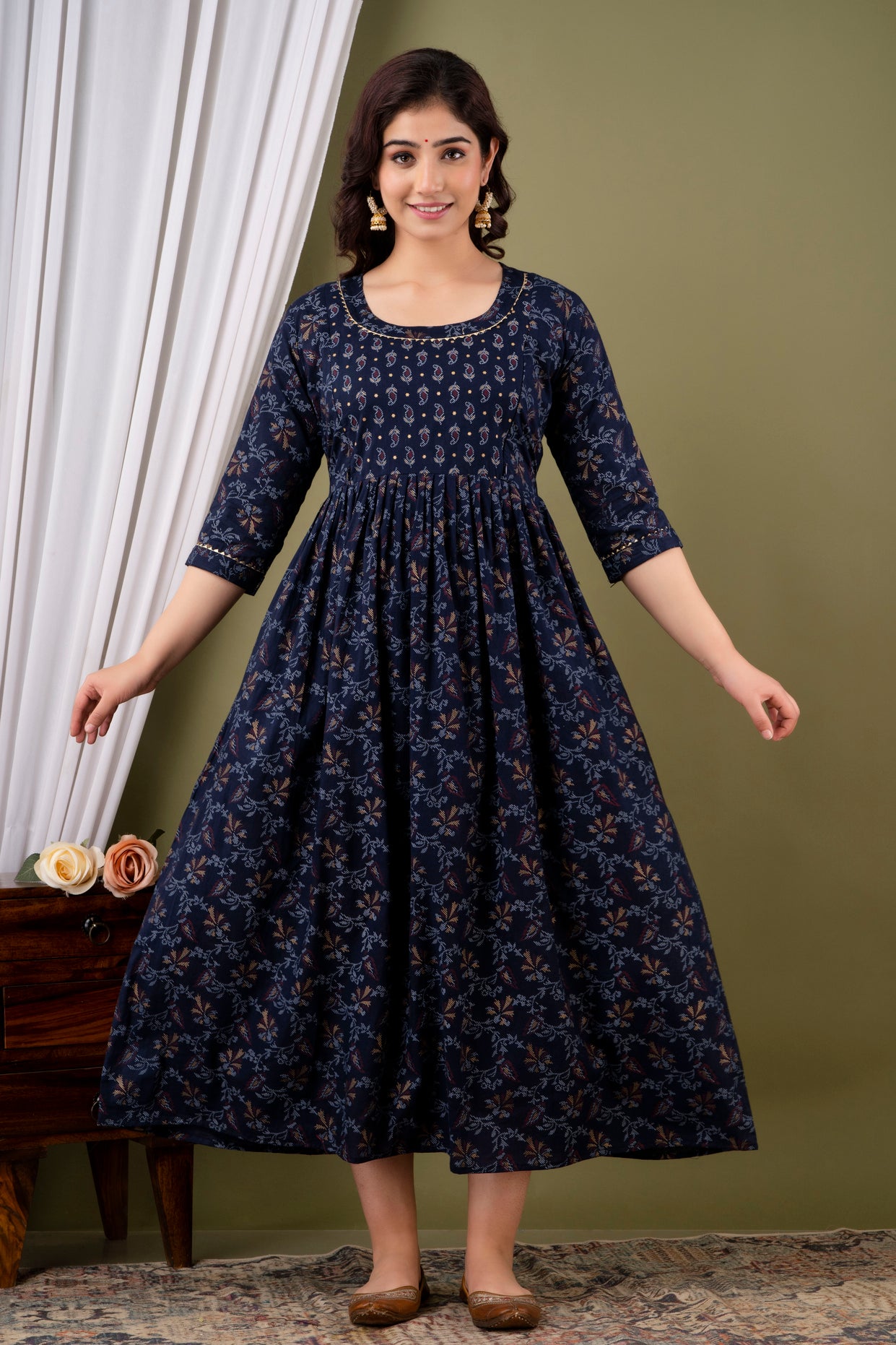 Navy Blue Printed Pure Rayon Maternity and Feeding Kurta