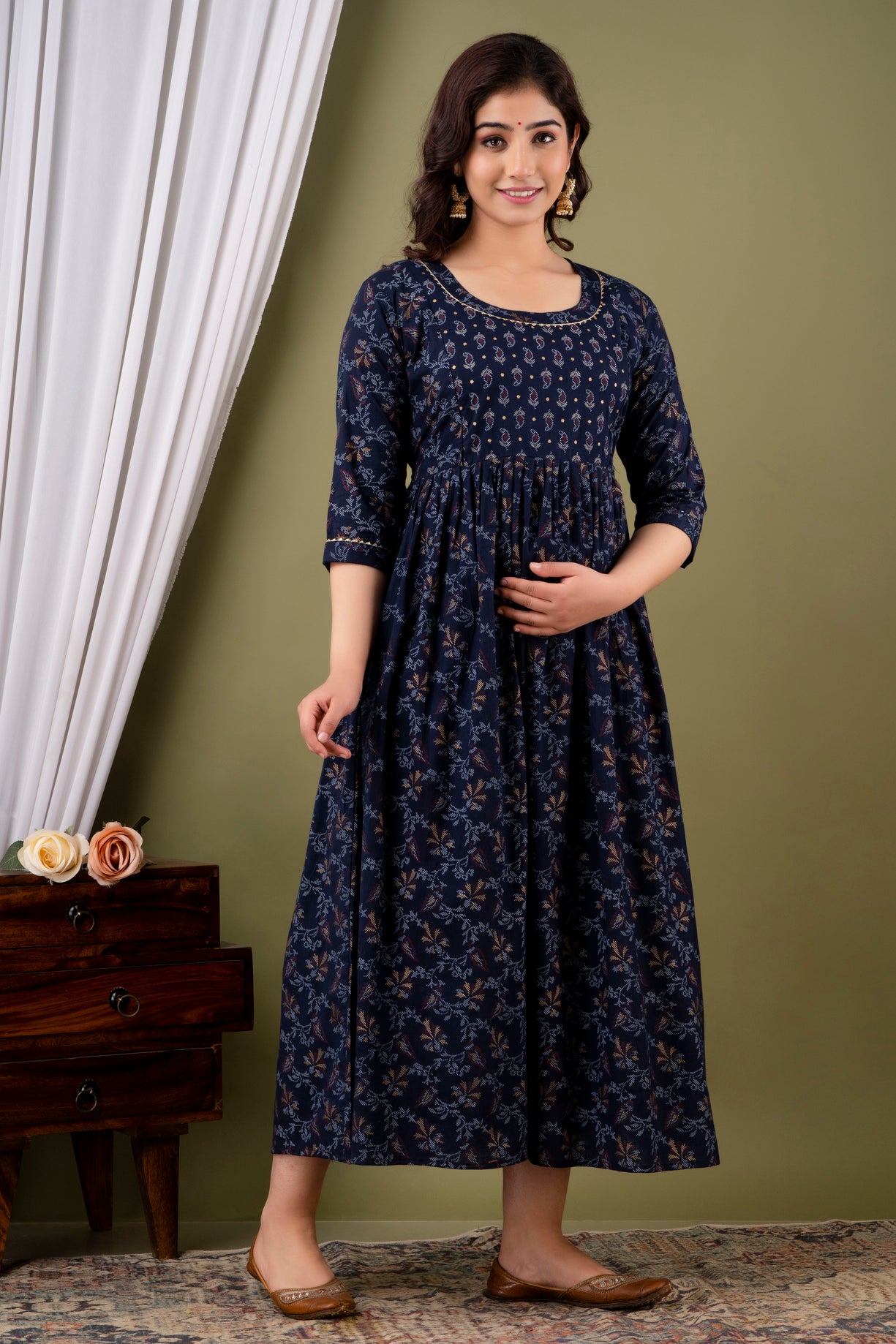 Navy Blue Printed Pure Rayon Maternity and Feeding Kurta