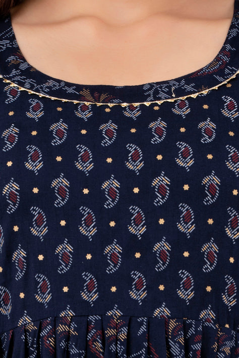 Navy Blue Printed Pure Rayon Maternity and Feeding Kurta