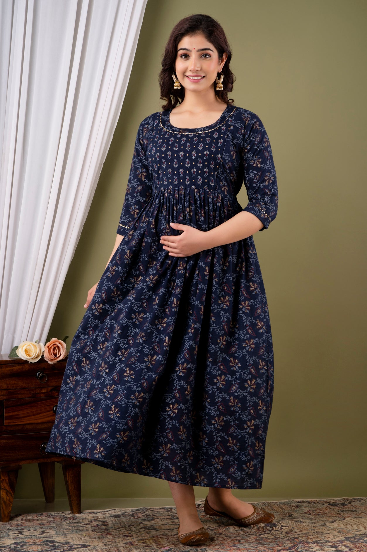 Navy Blue Printed Pure Rayon Maternity and Feeding Kurta