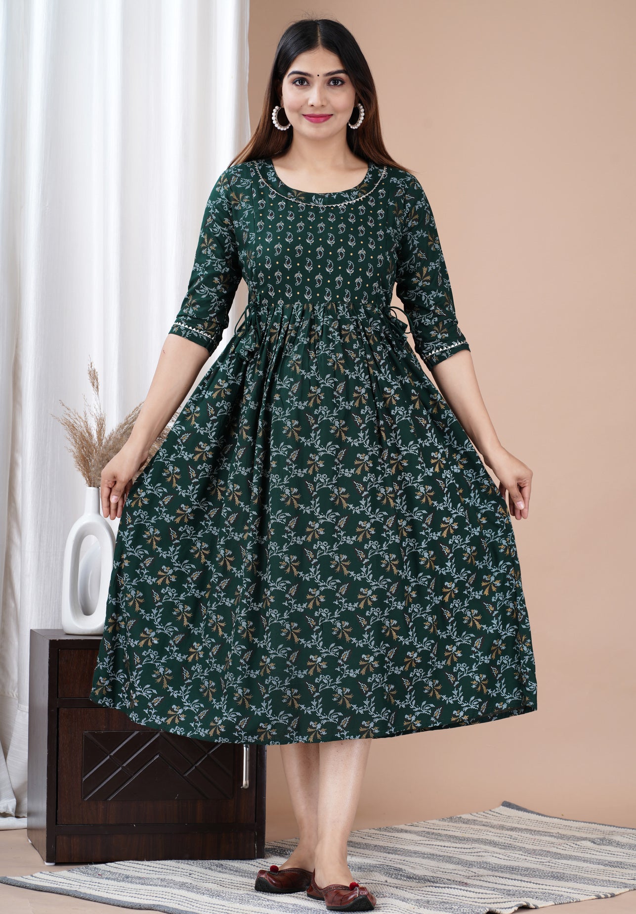 Dark Green Printed Pure Rayon Maternity and Feeding Kurta