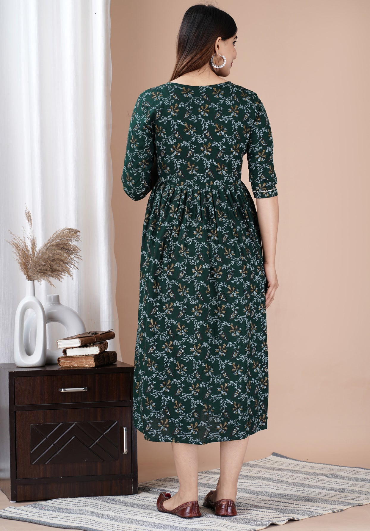 Dark Green Printed Pure Rayon Maternity and Feeding Kurta