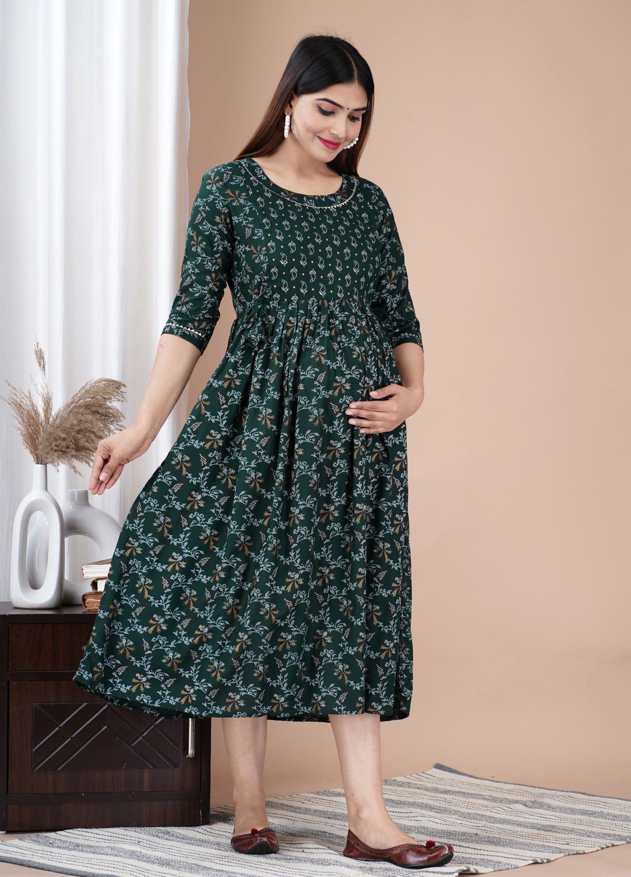 Dark Green Printed Pure Rayon Maternity and Feeding Kurta