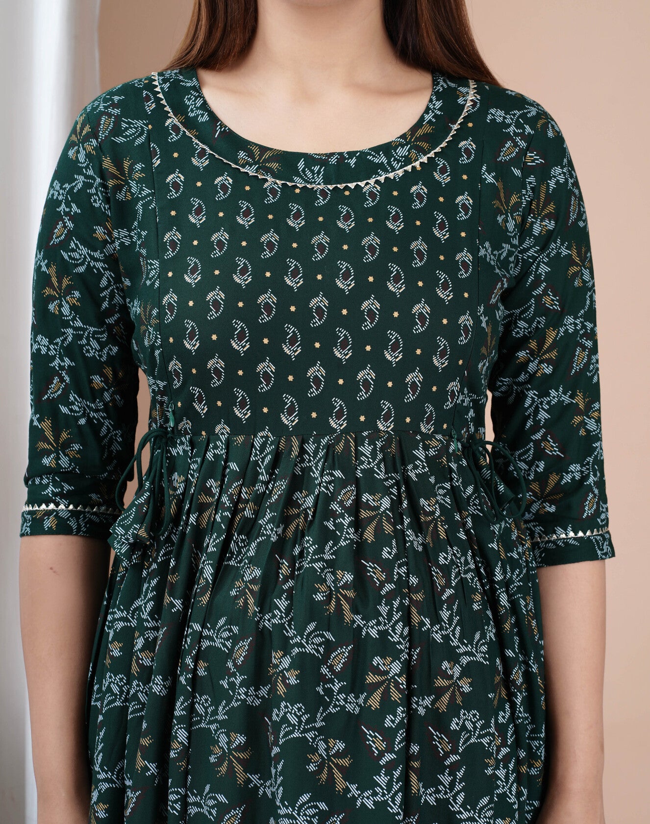 Dark Green Printed Pure Rayon Maternity and Feeding Kurta