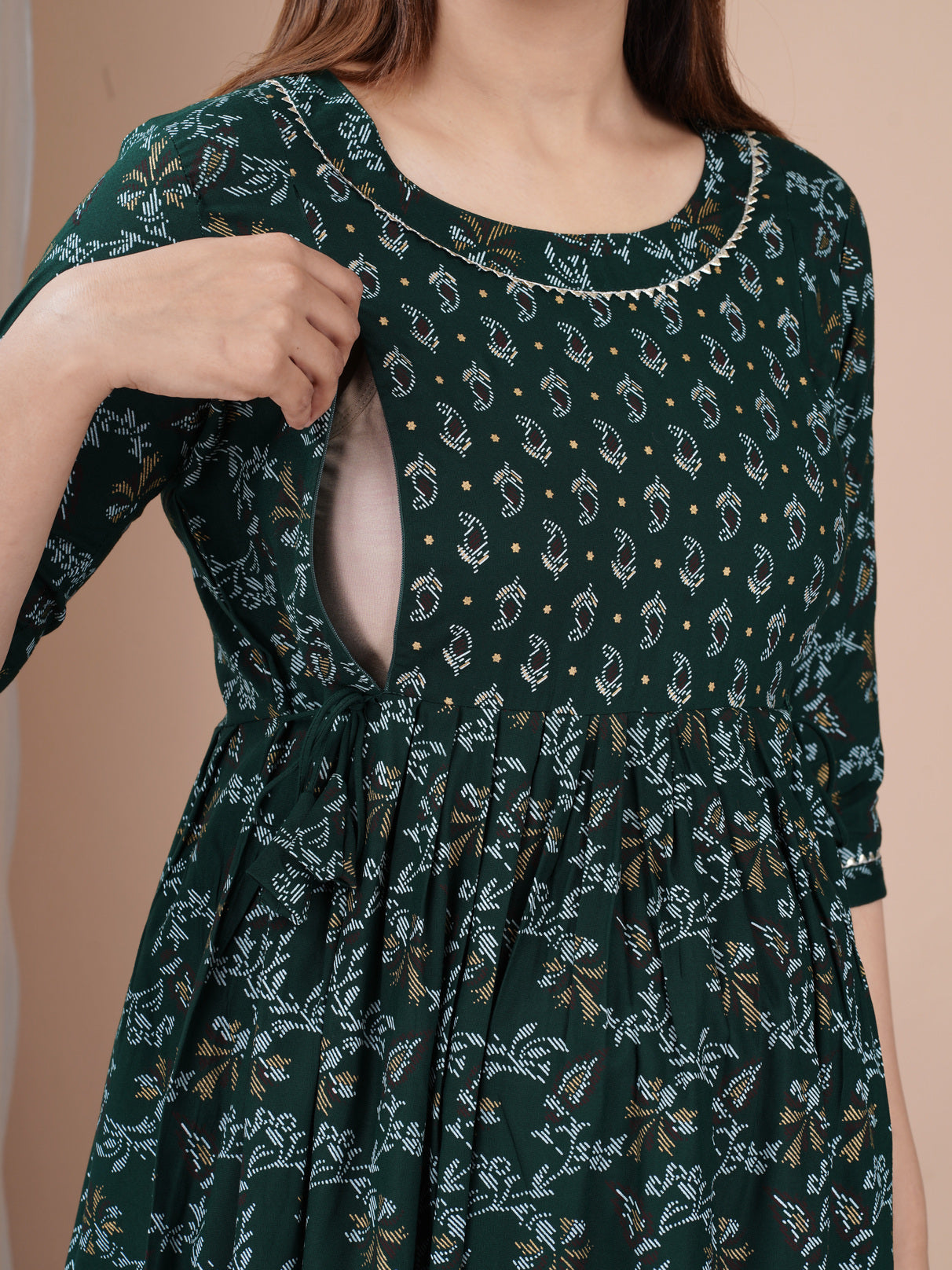 Dark Green Printed Pure Rayon Maternity and Feeding Kurta