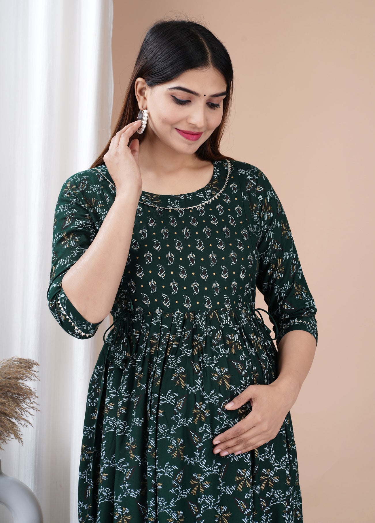 Dark Green Printed Pure Rayon Maternity and Feeding Kurta