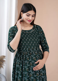 Dark Green Printed Pure Rayon Maternity and Feeding Kurta