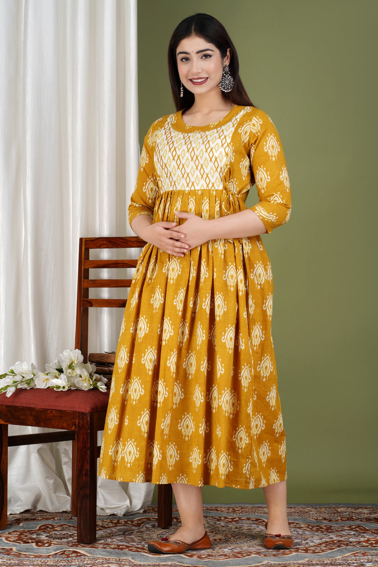 Yellow Printed Pure Rayon Maternity and Feeding Kurta