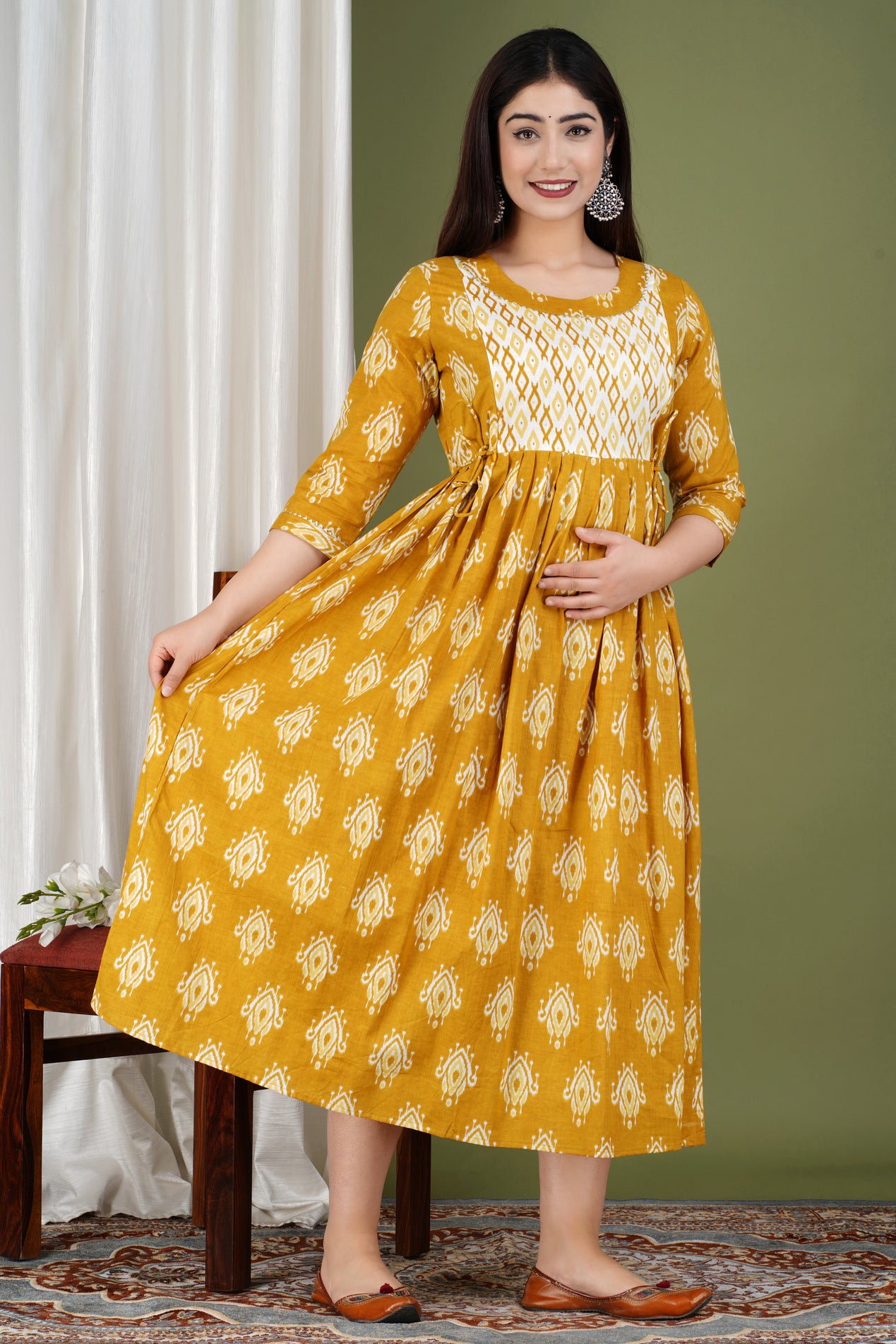 Yellow Printed Pure Rayon Maternity and Feeding Kurta