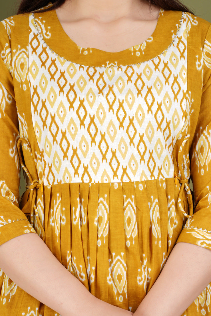 Yellow Printed Pure Rayon Maternity and Feeding Kurta