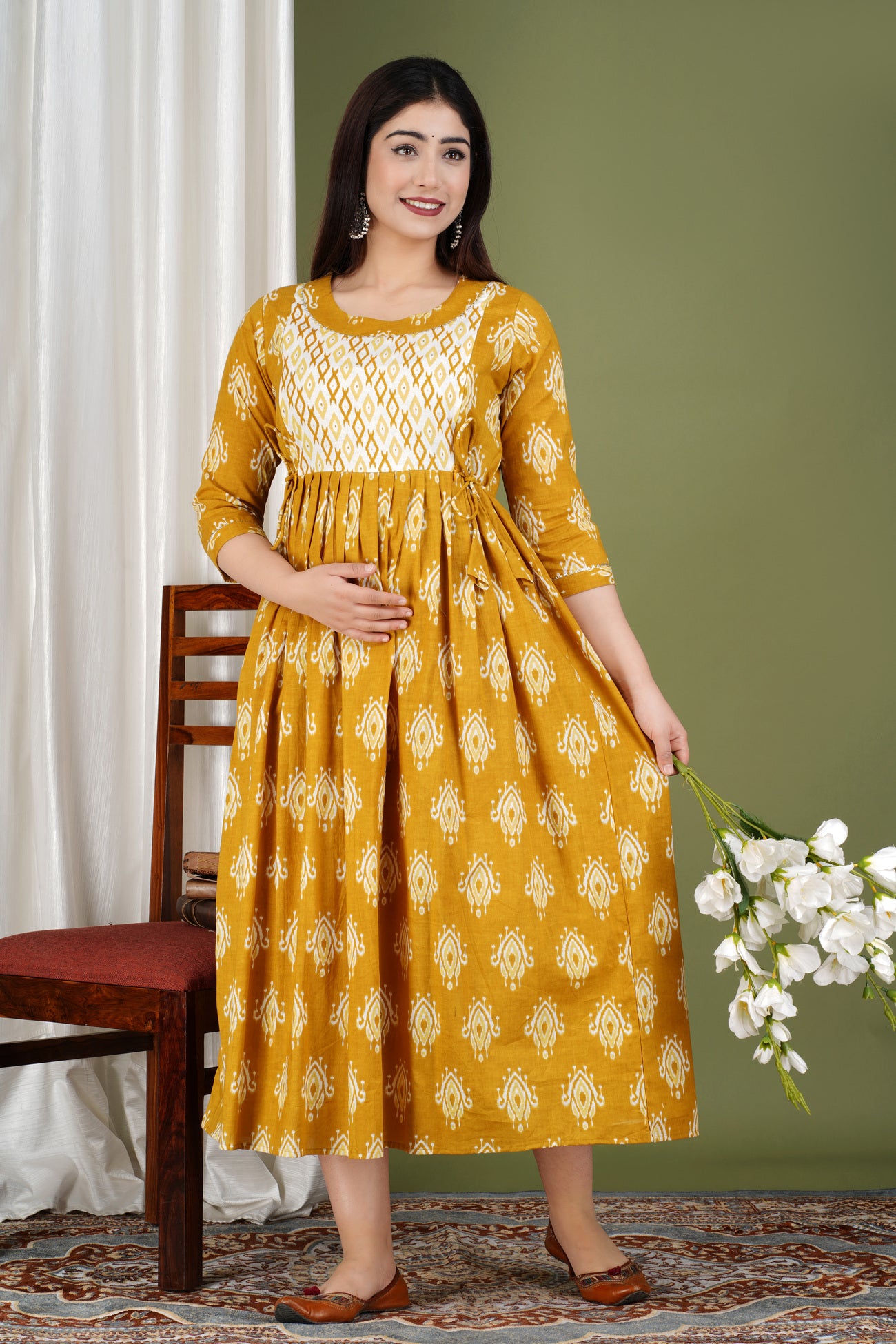 Yellow Printed Pure Rayon Maternity and Feeding Kurta