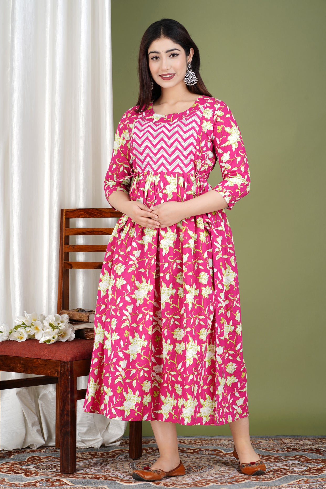Pink Printed Pure Rayon Maternity and Feeding Kurta