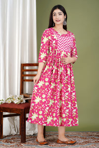 Pink Printed Pure Rayon Maternity and Feeding Kurta