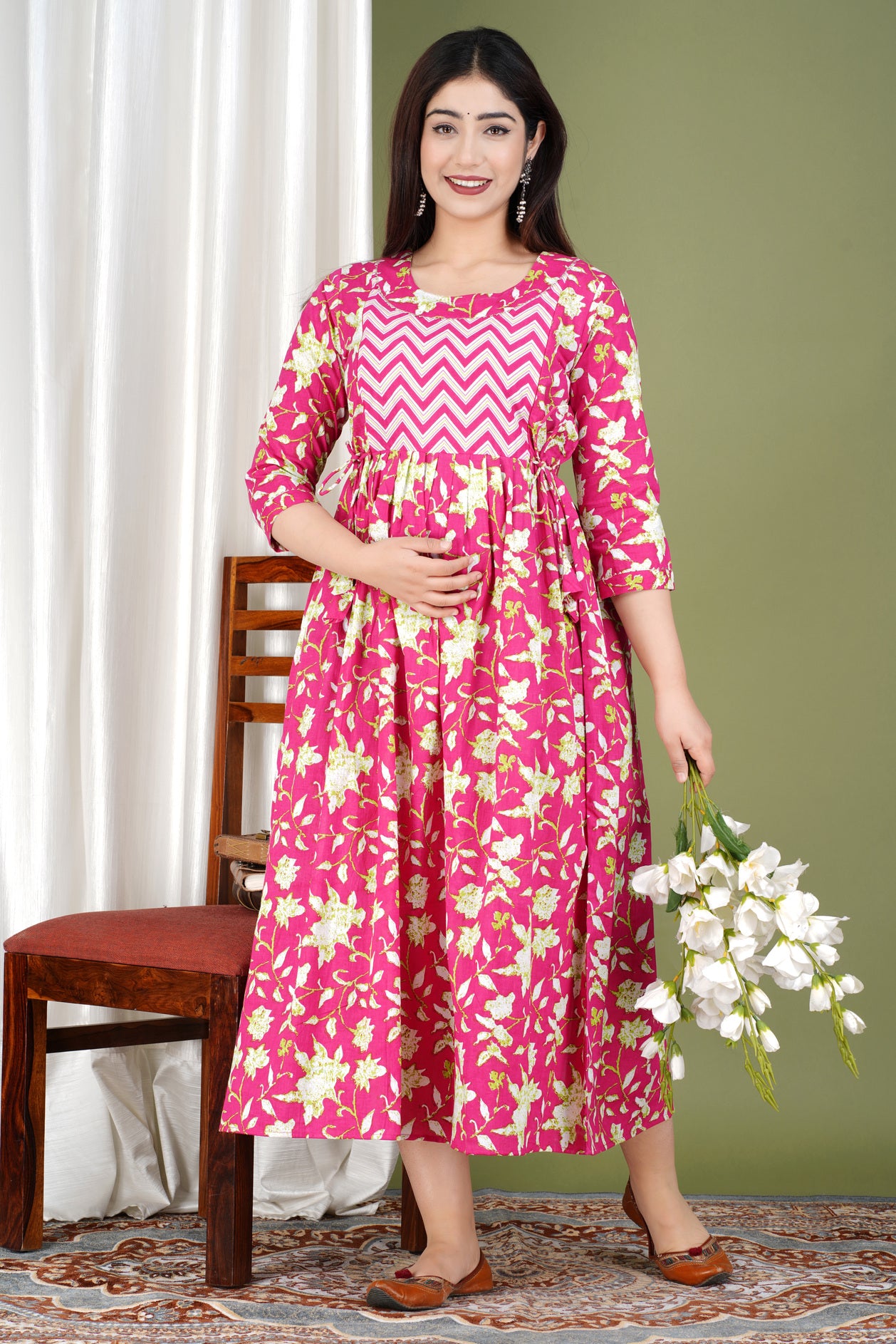 Pink Printed Pure Rayon Maternity and Feeding Kurta