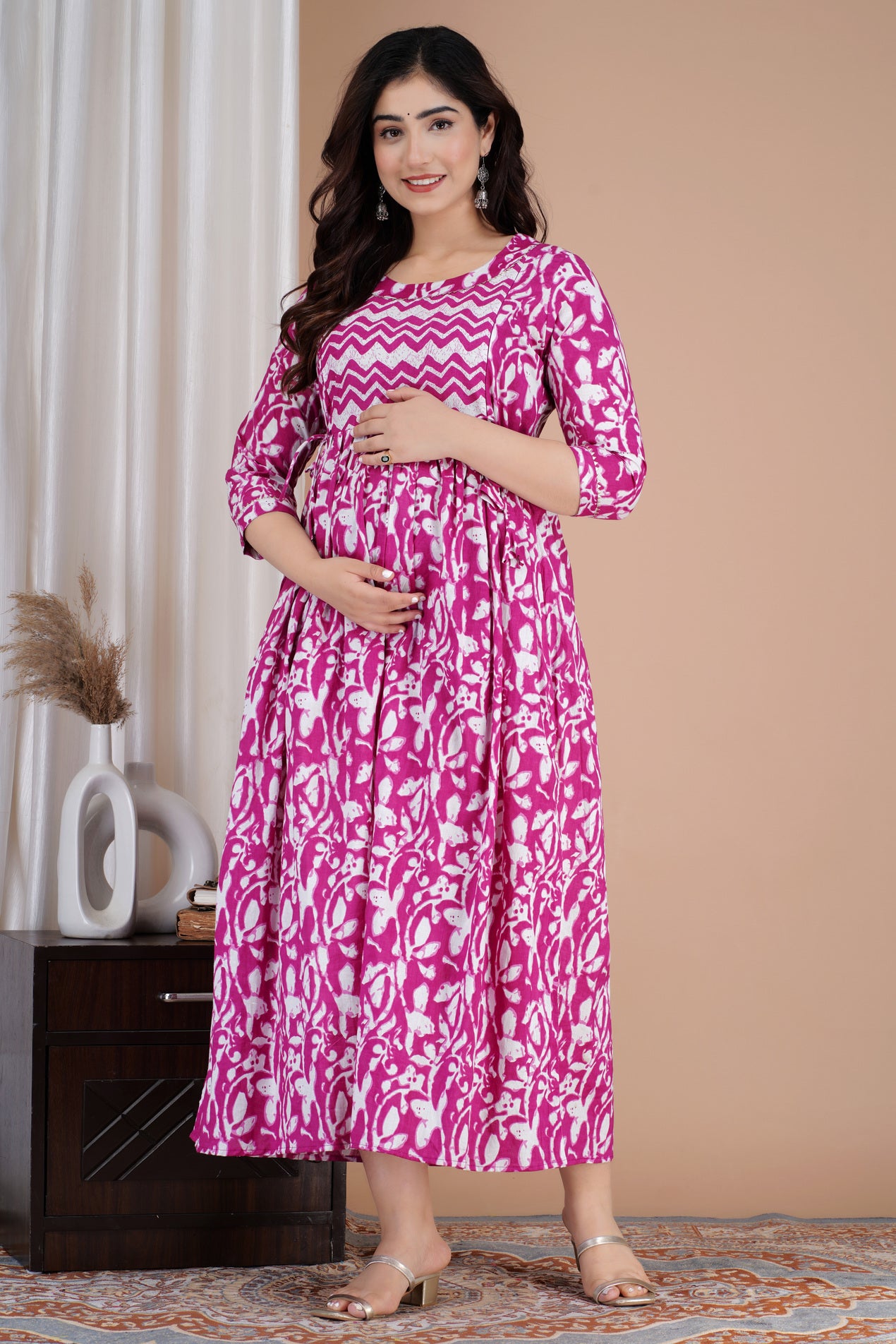Rani Pink Printed Pure Rayon Maternity and Feeding Kurta