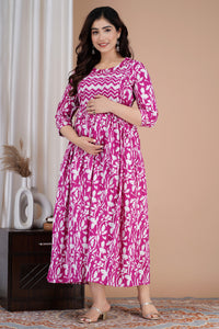 Rani Pink Printed Pure Rayon Maternity and Feeding Kurta